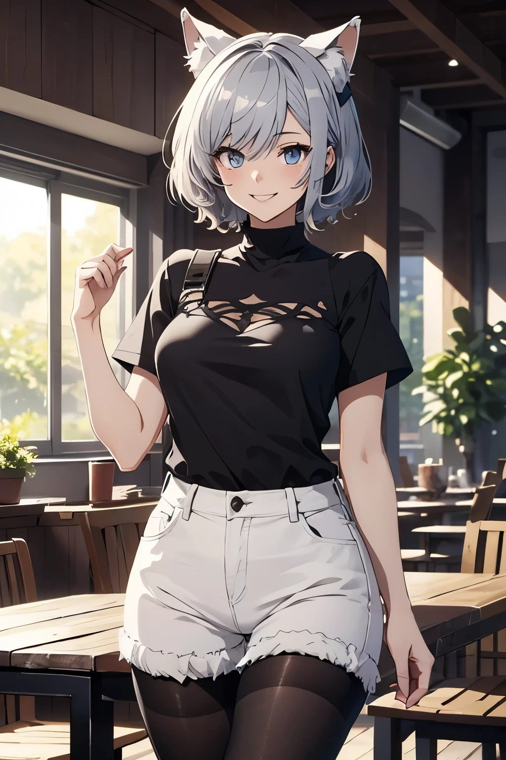 table top　 best image quality　Brilliant　high detail　One Young Woman（（adult））anime style　black shirt　white pantyhose　hot pants（denim）　wolf ears　short hair（（shortcut）（gray hair）（curly hair）（fluffy））　smile（happy）　eye color is blue　garden