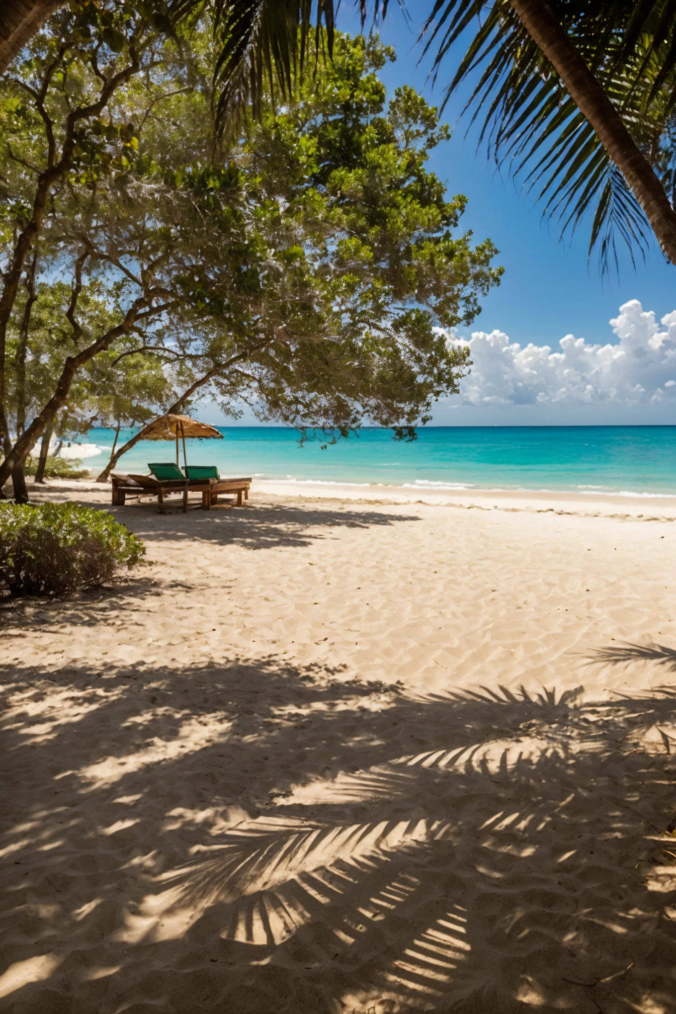 (Best quality, Ultra-high definition, Masterpiece: 1.3),
A cinematic portrait of a serene paradise beach, teeming with lush, emerald green trees that stretch towards the sky, their leaves shimmering in the golden sun. The sand is pristine and powdery, tickling your toes as you take each step towards the crystal-clear, turquoise waters. Waves gently lap onto the shore, creating a soothing melody that lulls you into relaxation. Birds chirp joyfully in the trees, adding to the symphony of nature. The sun casts long, dappled shadows across the beach, enhancing the intricate details