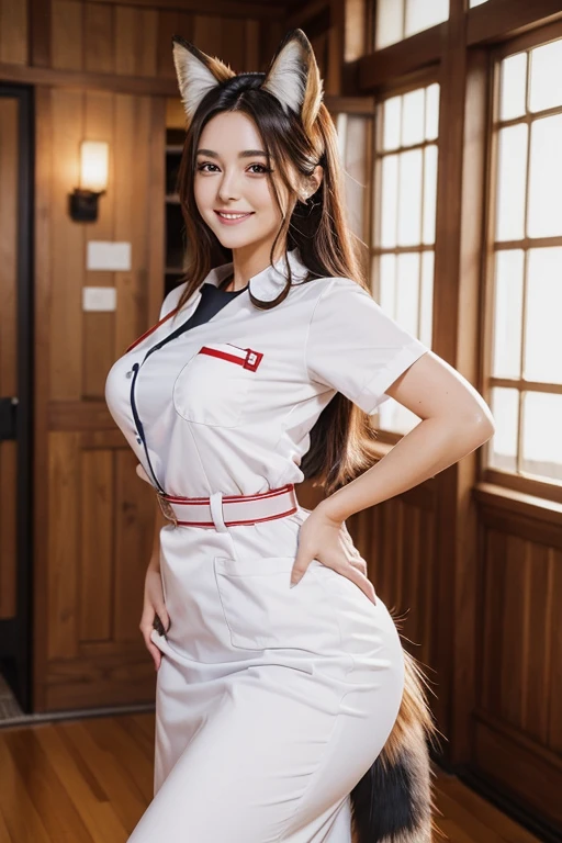 ((highest quality)), ((masterpiece)), (get used to it), perfect face, fox girl, Beautiful woman, public, A tail is growing, she has a fluffy tail, she has a fox tail, she wags her tail, smile, first round, she is wearing a nurse uniform, beautiful hips, big breasts , big tail
