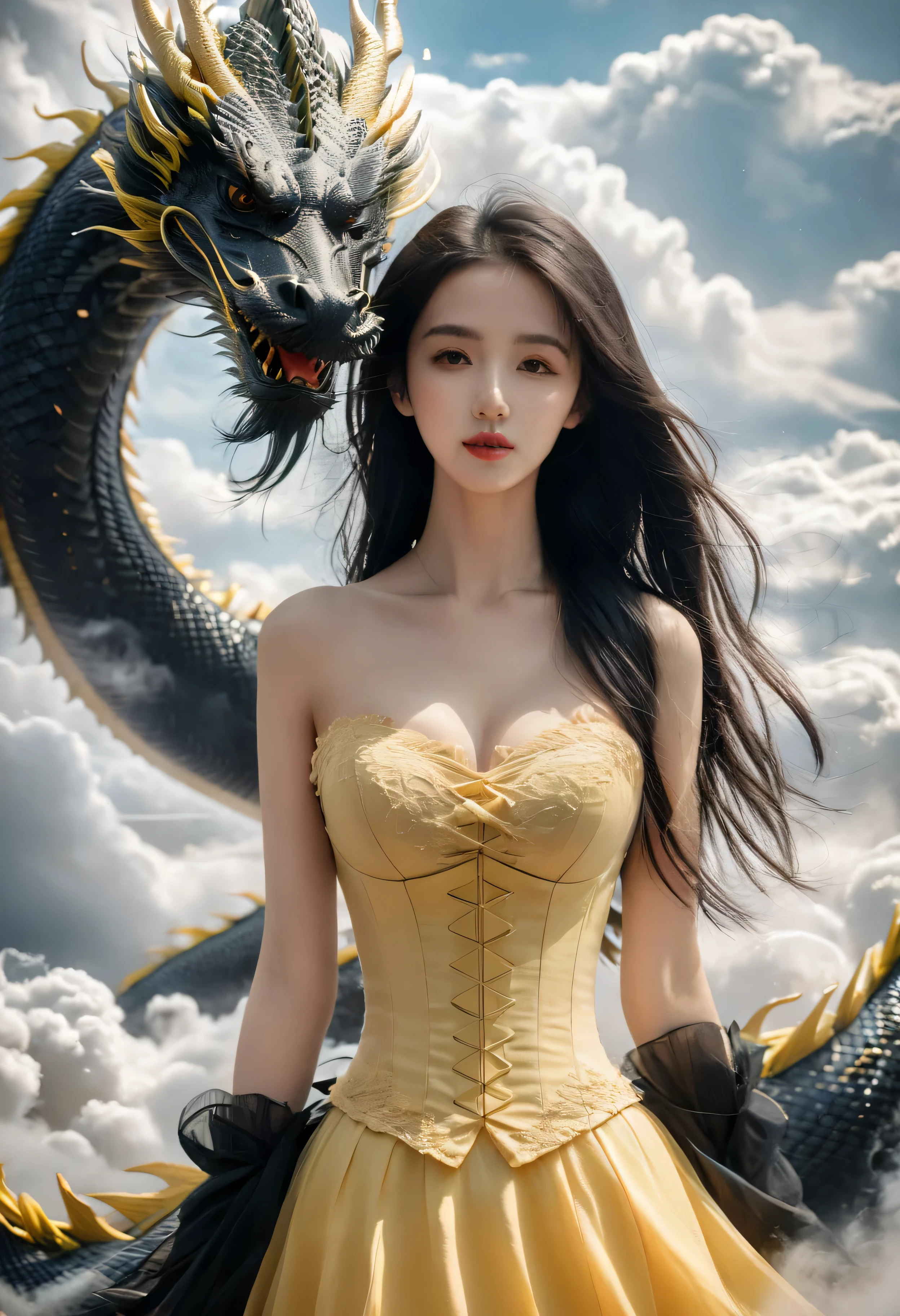 1girl, solo, full body, long hair, breasts, looking at viewer, black hair, yellow skirt, closed mouth, standing, cloud, lips, cloudy, sky, corset, black dragon,dragoncb,