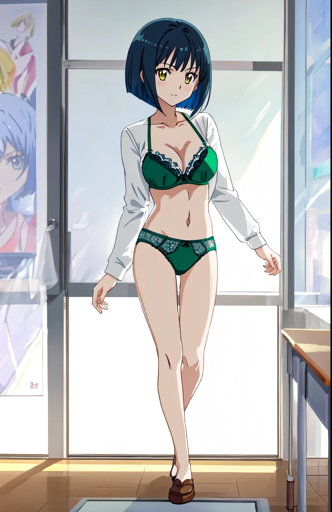 anime girl in a green bra with a blue lace trim and green panty、woman with short dark blue hair、woman with yellow eyes、bob cut、seductive anime woman、clothing:green bra、green panties、tall woman、cool atmosphere、anime moe art style、big breasts、woman with very large breasts、(anime girl)、attractive anime girl、naughty anime style、Beautiful charming anime teen、Smooth anime CG art、school classroom、indoor、cleavage、bra with an green、panty with an green、whole body、a girl is standing、digital anime art!!、female focus、perfect body、cool anime girl、full body、anime best girl、solo、underwear only、Bra and panties only、8k!!、High resolution!!、