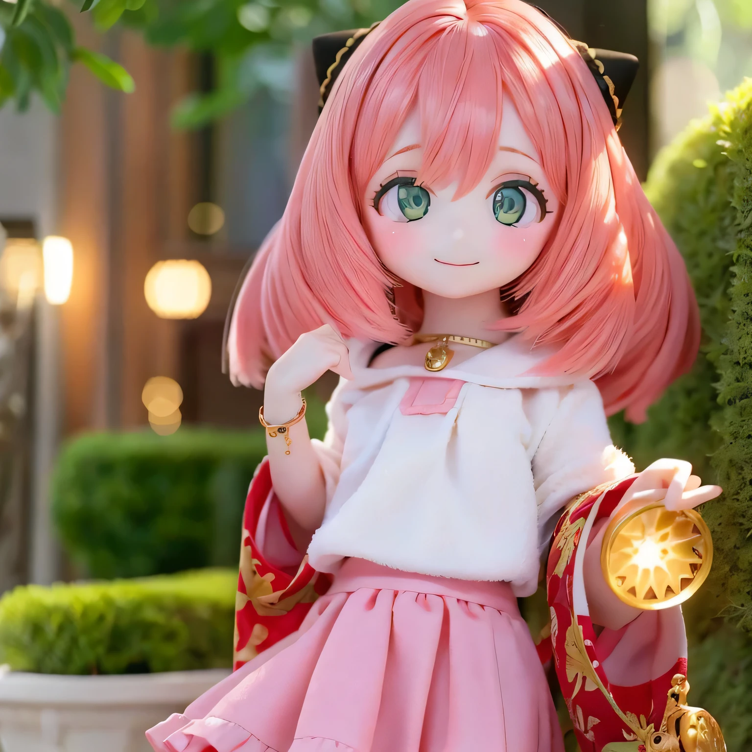 (best quality,4k,highres,masterpiece:1.2),ultra-detailed,realistic,beautiful detailed eyes,beautiful detailed lips,longeyelashes,pink hair,short hair,smiling,***************,wearing a pleated skirt (chibi skirt),cute expression,cheerful,playful,girly,bokeh,soft lighting,portrait