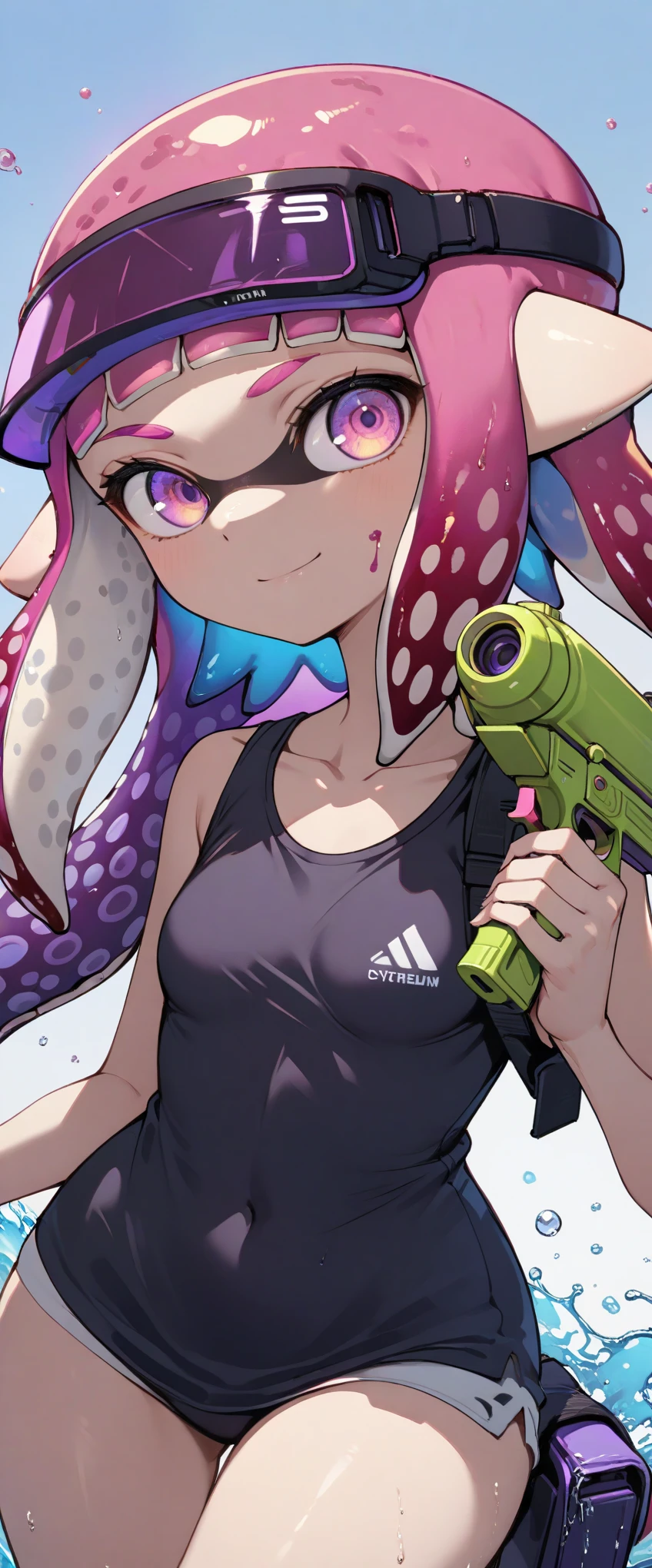 masterpiece, best quality, high quality, 1girl, solo, cute girl, ((purple eyes): 1.2), well-aligned eyes, extremely detailed face, perfect face symmetry, backpack, (splatoon inkling, tentacle hair), toy gun, water gun, ink tank, amazing composition, skinny legs, wide hips, visible collabone, (saturated colours, vibrant), incredible lighting, smiling, colorful paint splatters, ((vr visor, cyber wearface)), 