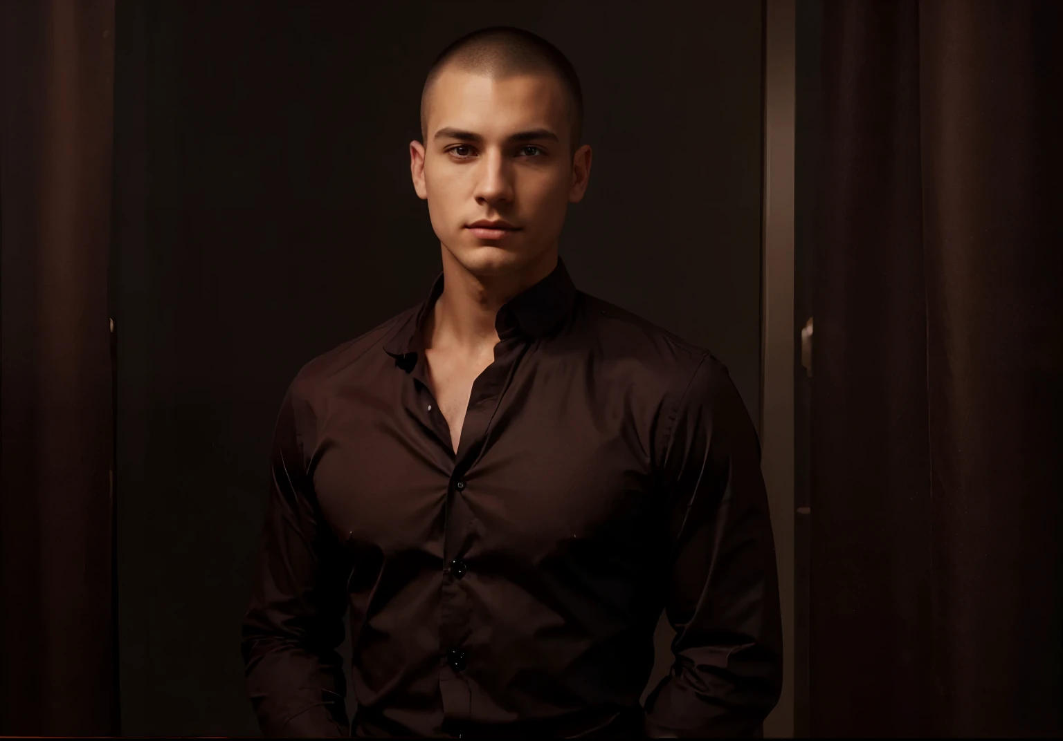 Generate an image of a 25-year-old man with a military-style buzz cut, clad in a sleek black button-up shirt. Two buttons are casually undone, revealing a hint of his chest. He looks directly at the camera with a confident and assured gaze, tinged with a hint of sarcasm. His posture exudes self-assurance, with a relaxed demeanor that belies his inner confidence. The slight curve of his lips suggests a subtle smirk, adding an element of playfulness to his expression. This composition captures the intriguing blend of confidence and sarcasm in the demeanor of a young man who knows his worth and isn't afraid to show it.






