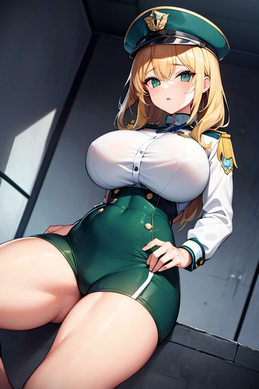 girl with blonde hair green eyes in a tight blue officer costume girl has thick thighs big breast she has black short tight shorts on