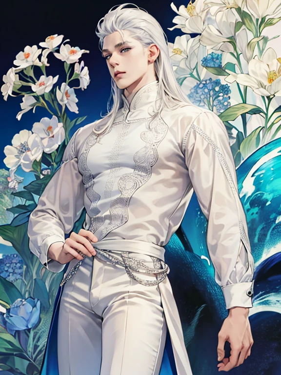 A tall, handsome, statuesque, courageous, athletic young man, he has long straight platinum silver hair, blue eyes, he is dressed in a white T-shirt and light blue jeans. He's coming at us. Masterpiece, perfect drawing, realistic drawing, full-length drawing, detailed study, 8k. full-length image, realistic image, dynamic image, detailed image. an extremely detailed illustration, a real masterpiece of the highest quality, with careful drawing. anime style