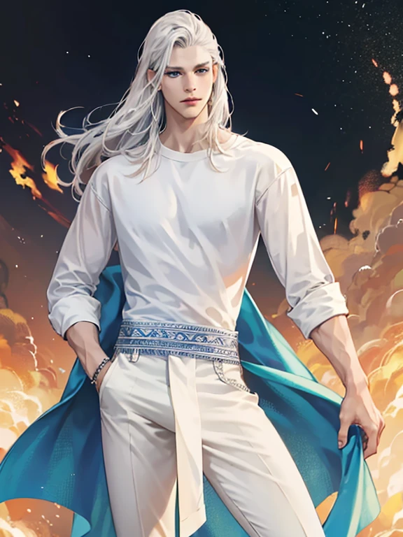A tall, handsome, statuesque, courageous, athletic young man, he has long straight platinum silver hair, blue eyes, he is dressed in a white T-shirt and light blue jeans. He's coming at us. Masterpiece, perfect drawing, realistic drawing, full-length drawing, detailed study, 8k. full-length image, realistic image, dynamic image, detailed image. an extremely detailed illustration, a real masterpiece of the highest quality, with careful drawing. anime style