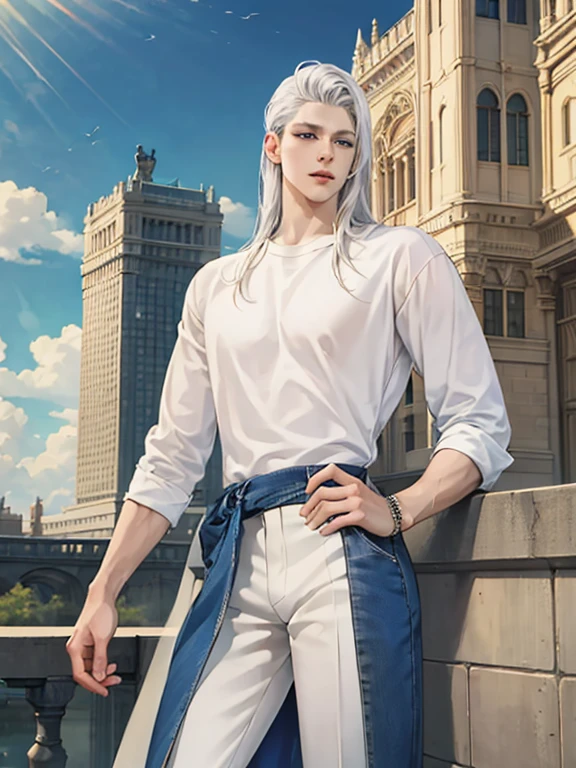 A tall, handsome, statuesque, courageous, athletic young man, he has long straight platinum silver hair, blue eyes, he is dressed in a white T-shirt and light blue jeans. He's coming at us. Masterpiece, perfect drawing, realistic drawing, full-length drawing, detailed study, 8k. full-length image, realistic image, dynamic image, detailed image. an extremely detailed illustration, a real masterpiece of the highest quality, with careful drawing. anime style