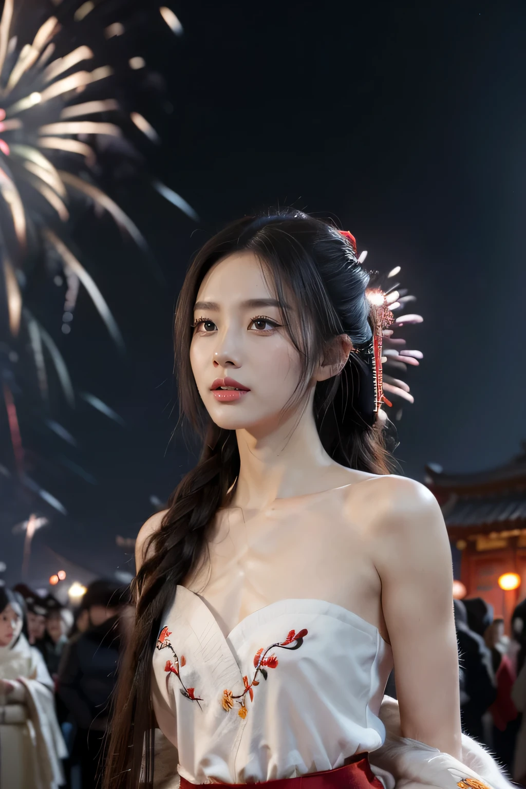 ((((8k))),((Extremely meticulous CG)) ,(wallpaper),16k,((Extremely refined and beautiful)),(((Masterpiece))),(((best qualtiy))),(((Ultra High Resolution))),beautiful light up,Perfect lightning,realistic shaded,[A high resolution],(Smooth and flawless fair skin:1.5),(pale skin:1.3),Extremely exquisite facial details,(perfect body:1.1),ultra-detailed,A beautiful girl,solo,(small head:1.2),(short ponytail:1.1),(small face:1.2),Exquisite makeup,(flat chests:1.2),((slim,thin)),happy,(laughing:1.2),(fur collar:1.2),(Gorgeous Exquisitely embroidered fur edged red hanfu:1.5),(red hakama:1.2),(night scene:1.3),(a bright full moon in the sky:1.5),(outdoor:1.2),(On the street:1.3),(In ancient Chinese town:1.3),(ablaze with lights:1.3),(buildings:1.3),(lanterns:1.2),(detailed background:1.5),(standing:1.3),(upper body:1.3),(from front:1.3),(surrounded by crowded crowds:1.5),(winter:1.3),(fireworks in the sky:1.3),BREAK,(arms behind back:1.3)