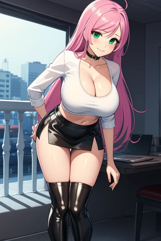 1 girl, 19 years old, Long pink hair, green eyes with slit pupils, master-piece, best quality, (standing up), (white shirt), (white v-neck crop t-shirt, black leather pencil mini skirt, patent leather high heel boots, cleavage),  (Big , ultra gigantic , Super super big, Glamorous body), Make eye contact with the camera, front figure, looking forward, (light_Smile:1.5), (Detailed hands and fingers:1.2) (Cyberpunk City), (FULL BODYSHOT), thighs thighs thighs thighs、beauty legs、