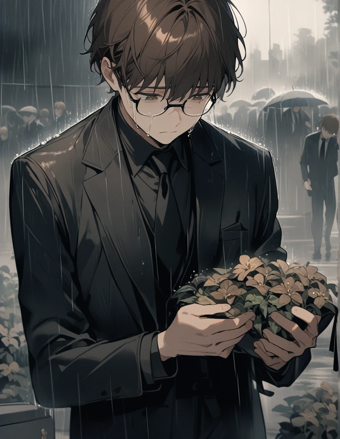 1 guy, brown hair, brown eyes, short hair with bangs, dressed in a black pantsuit with a black tie and a black shirt, wears glasses, holds one brown flower in his hands, crying, sad, very sad, looking down, funeral, outside, rain, cloudy, gentle tones
