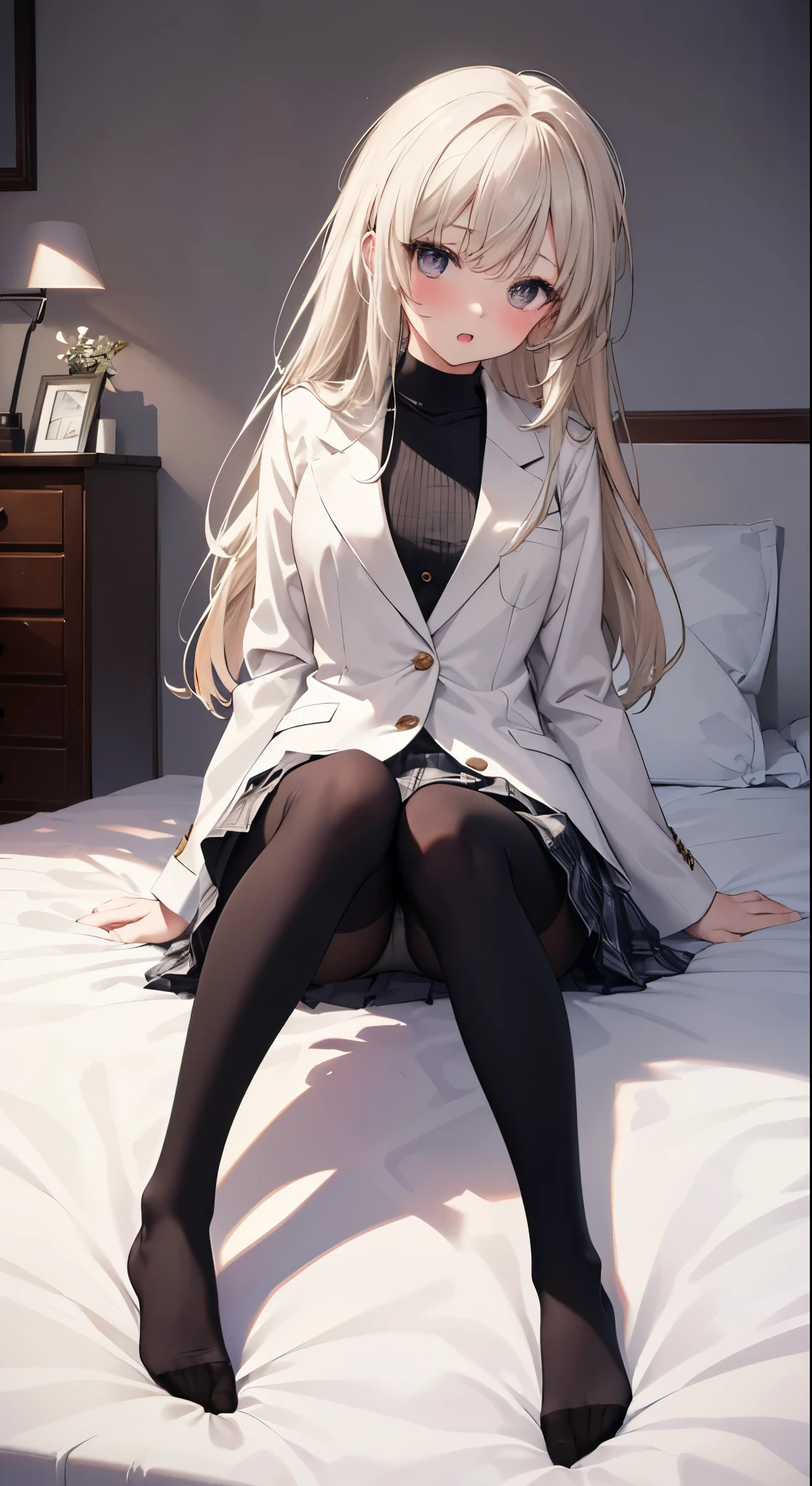 finest, masterpiece, High resolution, (Full body view from head to toe), Composition from the front and slightly below, symmetrical composition, Composition with accurate balance throughout the body、18 years old, slim and beautiful girl, alone, (small breasts), (not wearing shoes),messy hair, bangs, (black tights), (black pantyhose), (sitting on the floor with legs apart), (A pose in which the legs are spread apart on the bed), tied up with both arms hidden behind the back, (Composition showing white panties), (her legs spread、I can see white panties.), (Open mouth with a pained expression), blush, shy big eyes, looking at camera, blazer uniform, plaid pleated skirt