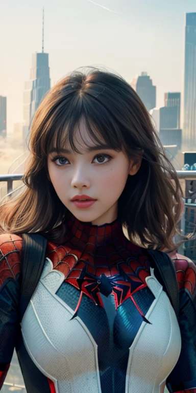 (1girl:1.3), Solo, (((Very detailed face)))), ((Very detailed eyes and face)))), Beautiful detail eyes, Body parts__, Official art, Unified 8k wallpaper, Super detailed, beautiful and beautiful, beautiful, masterpiece, best quality, original, masterpiece, super fine photo, best quality, super high resolution, realistic realism, sunlight, full body portrait, amazing beauty, dynamic pose, delicate face, vibrant eyes, (from the front), She wears Spider-Man suit, red and black color scheme, spider, very detailed city roof background, rooftop, overlooking the city, detailed face, detailed complex busy background, messy, gorgeous, milky white, highly detailed skin, realistic skin details, visible pores, clear focus, volumetric fog, 8k uhd, DSLR, high quality, film grain, fair skin, photo realism, lomography, futuristic dystopian megalopolis, translucent