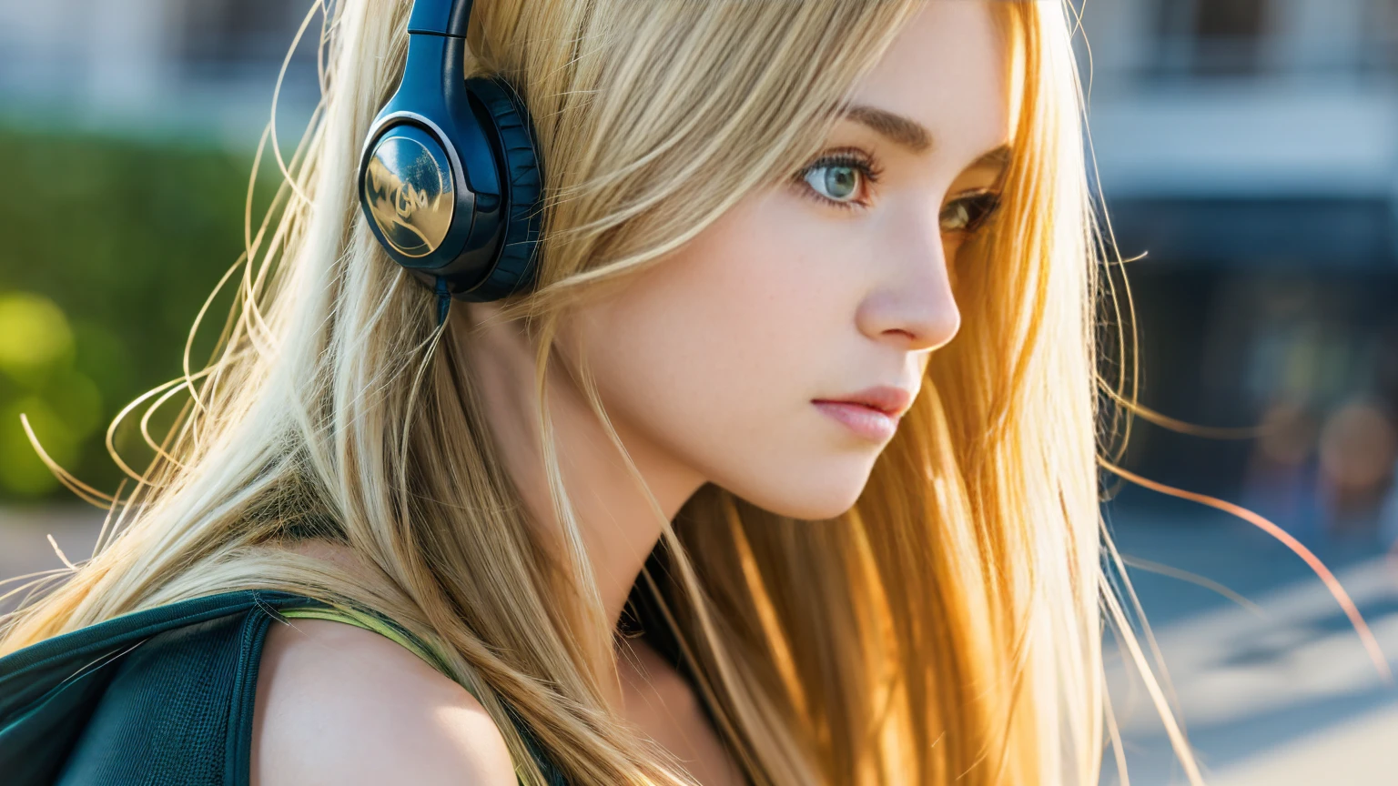 Beautiful blonde with big breasts in a torn dress (Sitting in the dark ruins),Wearing headphones,Very detailed, 21 years old, Innocent face, Naturally Wavy Hair, blue eyes, High resolution, masterpiece, Highest quality, Intricate details, Very detailed, Clear focus, Delicate skin, practical skin texture, texture, Delicate eyes, Professional, 4K, Cute Smile, Shot with Canon, 85mm, Shallow and deep, Kodak Vision Color, Exactly, Very detailed, photograph_\(Extremist\), photographpractical, practical, Post-processing, Maximum details, Roughness, Real Life, Extremist practical, Photorealism, photographgraphy, 8K Ultra HD, photographgraphy