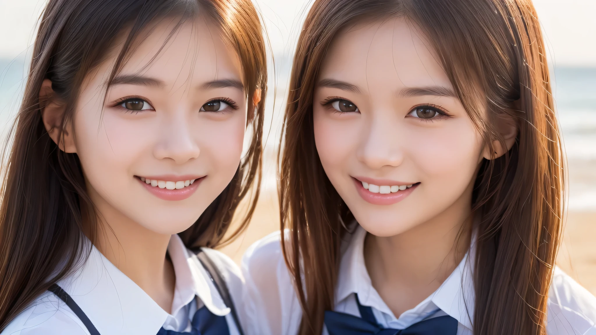 (1girl), (big smile), beautiful face, Amazing face and eyes, delicate, (Best Quality:1.4), (Ultra-detailed), (extremely detailed beautiful face), (princess hair cut style), cute smile, brown eyes, (highly detailed Beautiful face), (summer high school uniform:1.2), (extremely detailed CG unified 8k wallpaper), Highly detailed, High-definition raw color photos, Professional Photography, Realistic portrait, evening, Extremely high resolution, smiling, modern, trendy, fashionable, Group photo of high school girls, face close-up, (beach)