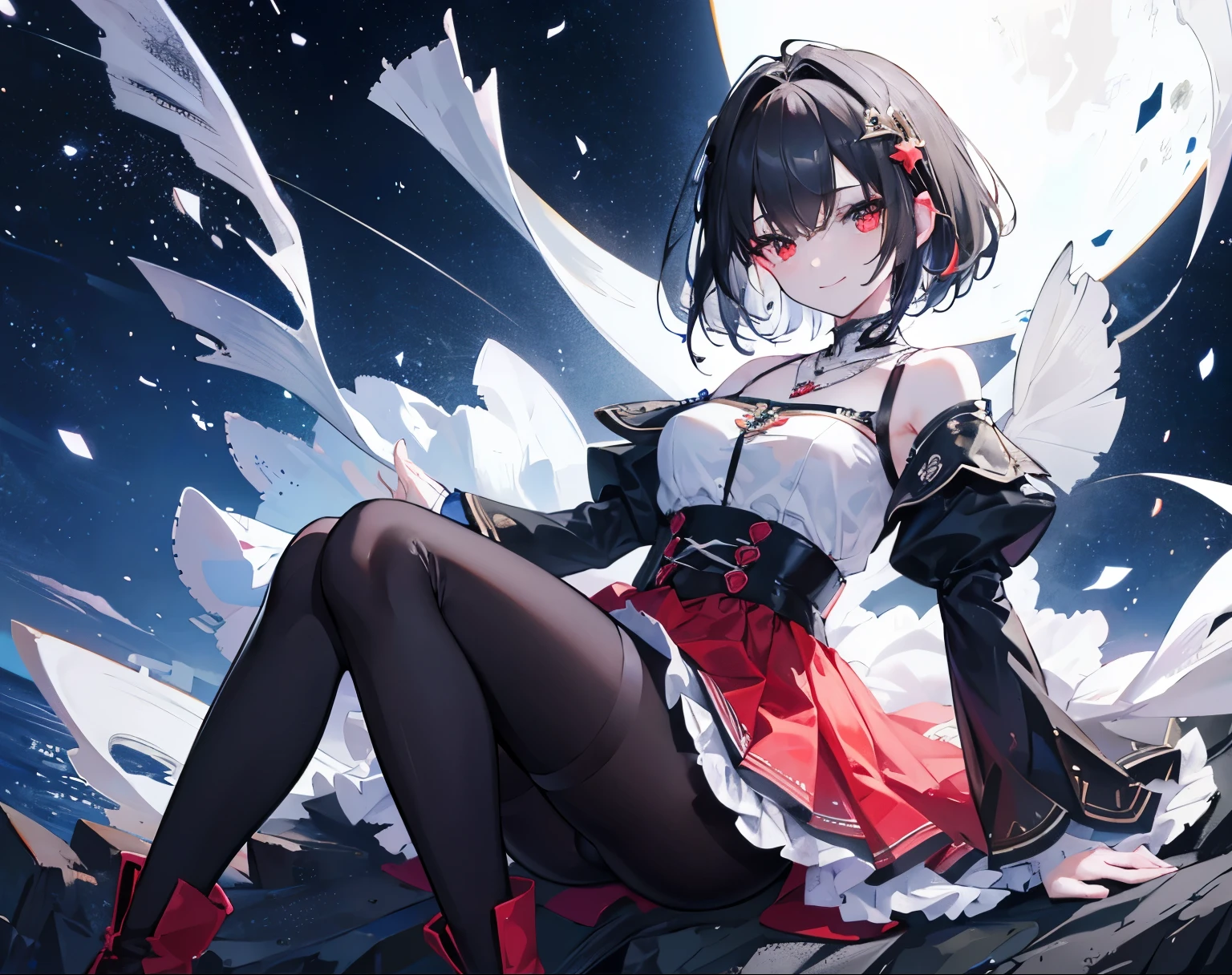 clear,Sunny morning sun,Many bright stars,A lot of meteors,clear,red eyes,short hair,Two dimensions,black sleeves,top quality, masterpiece,hair accessories, necklace, jewelry, pretty face, calm smile, , Tyndall effect,edge lighting, two color lights, (HD skin:1.2), 8K Ultra HD, soft light, high quality, Volumetric lighting, admit, photography, High resolution, 4K, 8K, Bokeh,boots,very high,Shoulder straps,skirt,skirt,black pantyhose,slender hands,short hair