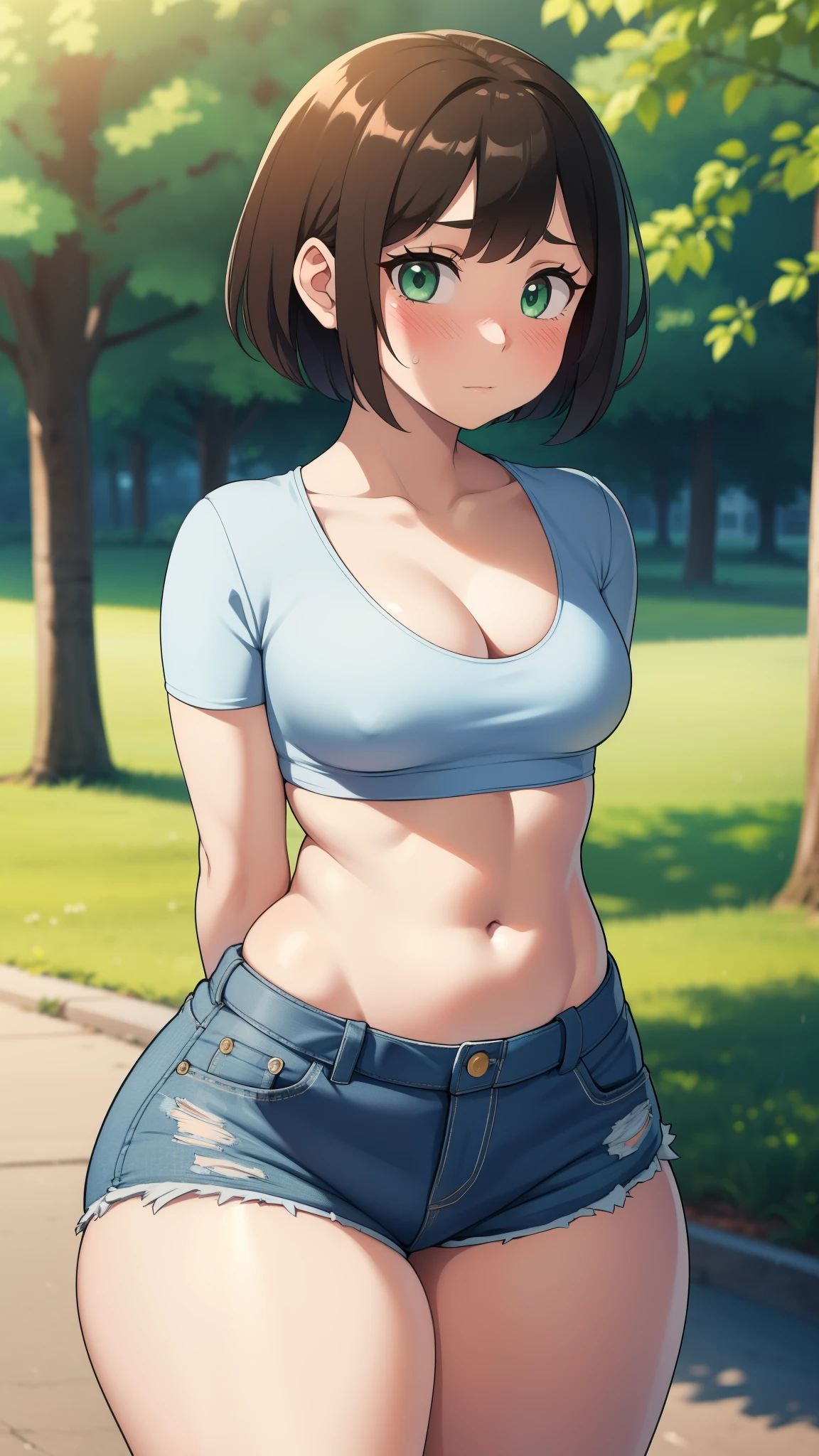 ((highres)), Masterpiece, high quality, best quality, beautiful, perfect lighting, detailed face, ultra cute face, cowboy shot, ((1girl)), ((solo)),

Short hair, fluffy hair, brown hair, green eyes, ((blush)), nervous, shy, looking at viewer, arms behind back, crop top, shorts, ((thick thighs)), (wide hips), bottom heavy, cleavage, (small breasts), 

20 year old female, standing in a park, (park), daytime,
