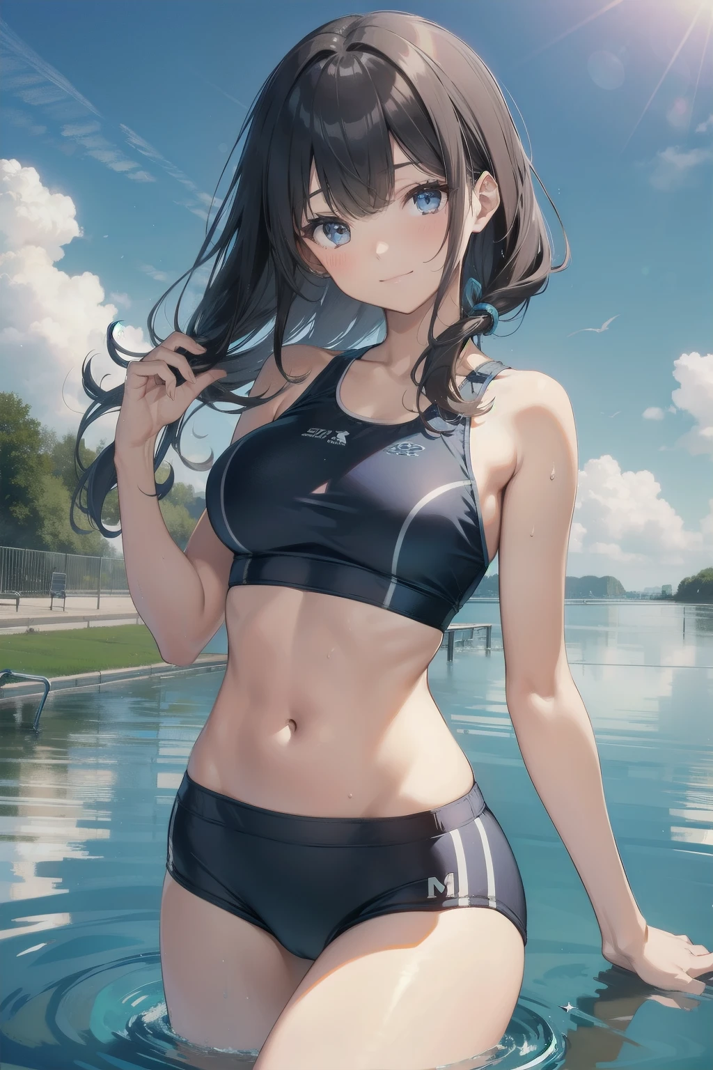 ((Top-quality:1.3, Sexy:1.2)) School swimsuit,
A -yeld gis figure, Clad in a blue swimsuit,
Six pack abs and a waist to die for,
((Perfectly form-fitting:1.1, Shorts reaching the thigh:1.1))
Her long, straight hair cascades in the wind,
The sun casting a warm glow on her skin,
A smile playing on her lips, she exudes confidence,
((High-resolution:1.1, Reflecting pool water:1.1))
The school swimsuit, sleek and sexy,
Highlight