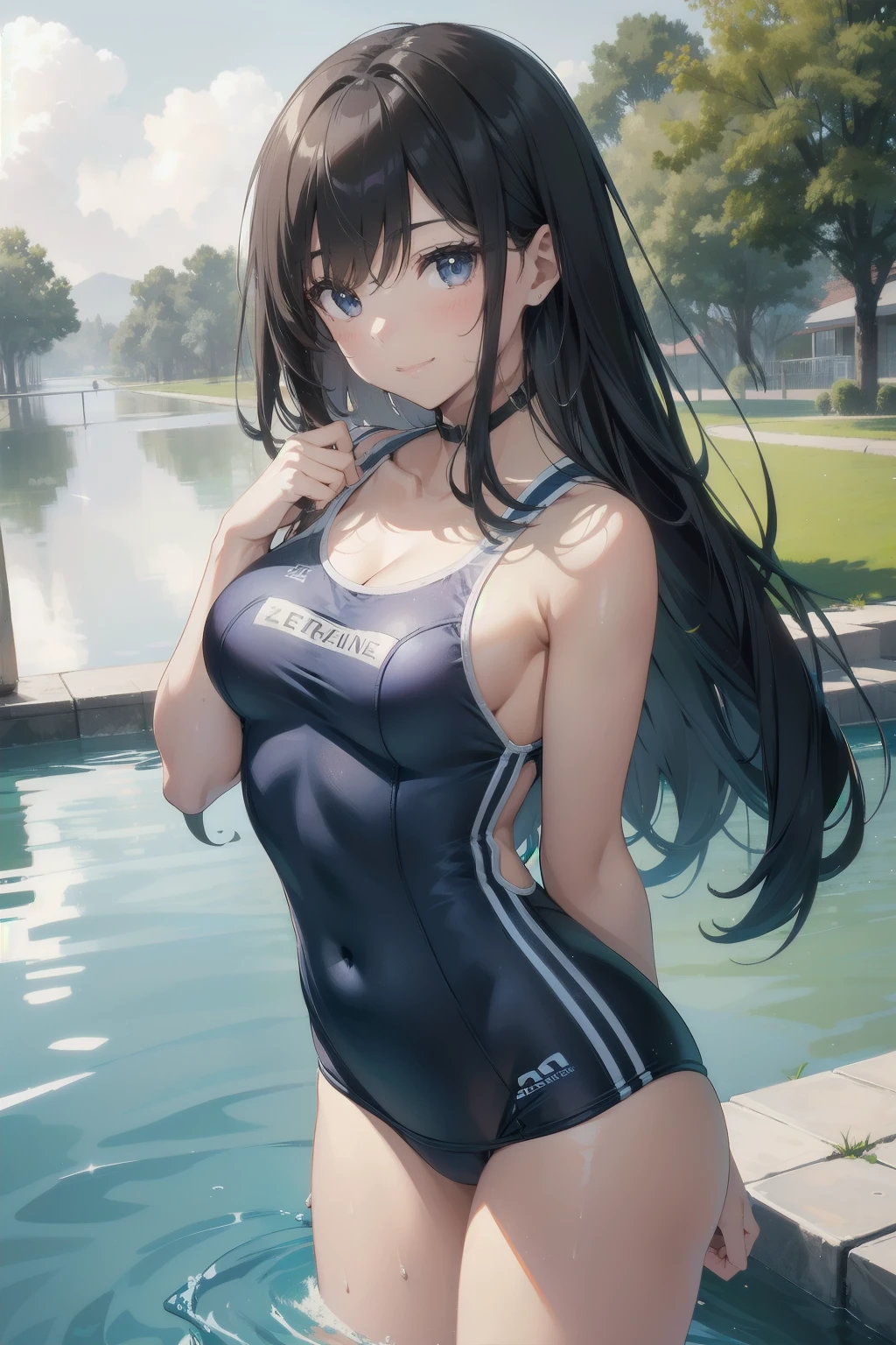 ((Top-quality:1.3, Sexy:1.2)) School swimsuit,
A 's figure, Clad in a blue swimsuit,
Six pack abs and a waist to die for,
((Perfectly form-fitting:1.1, Shorts reaching the thigh:1.1))
Her long, straight hair cascades in the wind,
The sun casting a warm glow on her skin,
A smile playing on her lips, she exudes confidence,
((High-resolution:1.1, Reflecting pool water:1.1))
The school swimsuit, sleek and sexy,
Highlight