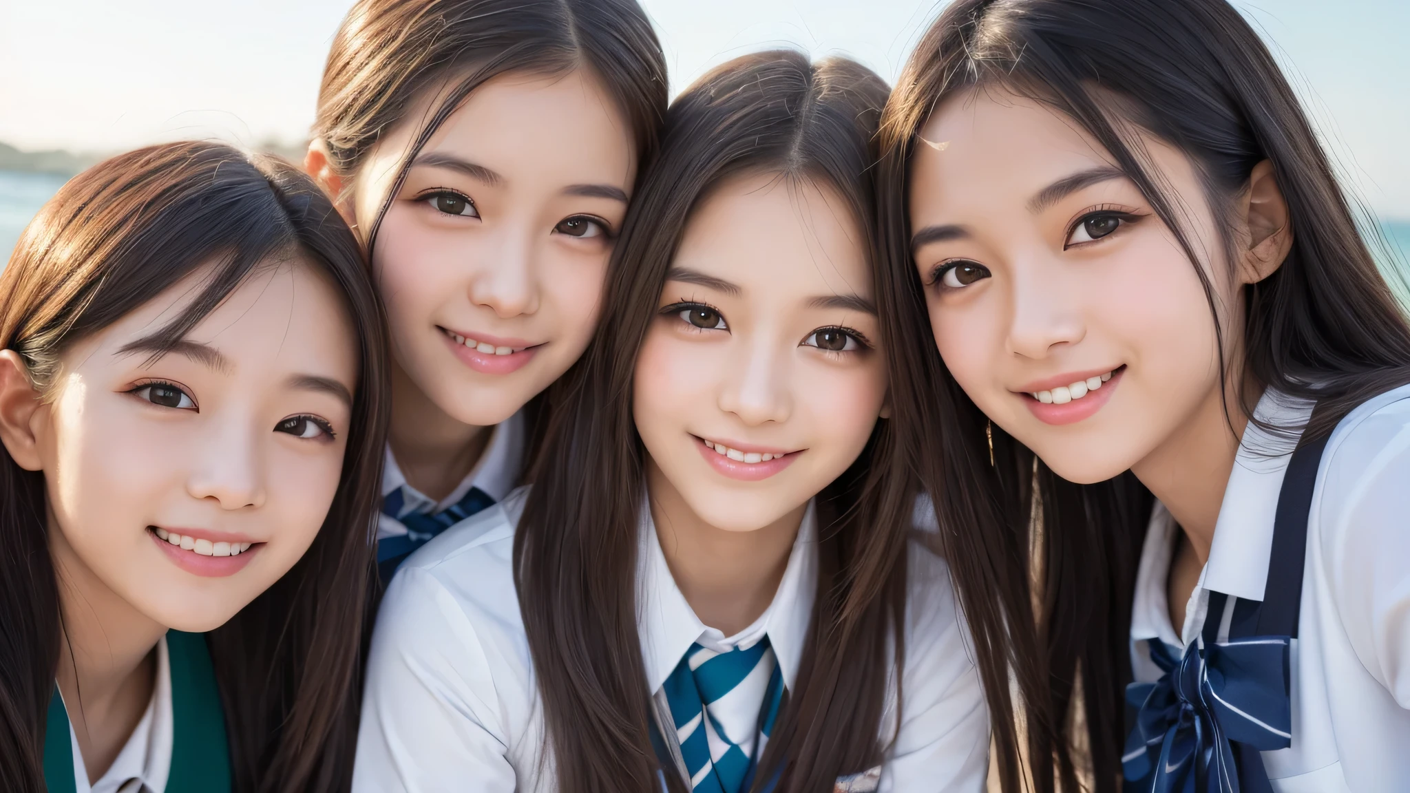 (1girl), (big smile), beautiful face, Amazing face and eyes, delicate, (Best Quality:1.4), (Ultra-detailed), (extremely detailed beautiful face), (princess hair cut style), cute smile, brown eyes, (highly detailed Beautiful face), (summer high school uniform:1.2), (extremely detailed CG unified 8k wallpaper), Highly detailed, High-definition raw color photos, Professional Photography, Realistic portrait, evening, Extremely high resolution, smiling, modern, trendy, fashionable, Group photo of high school girls, face close-up, (beach)