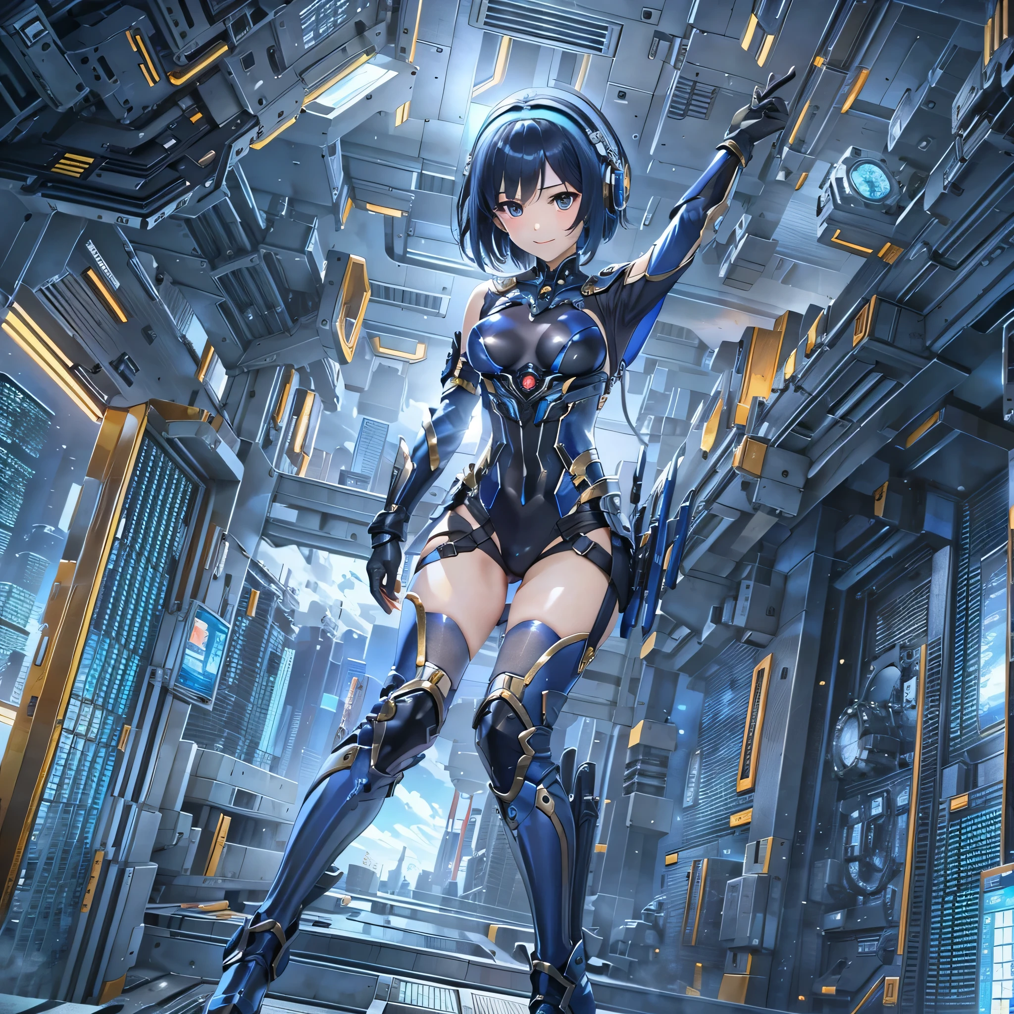 (masterpiece、highest quality、highest resolution、clear_image、detailed details、Angle from above): (full body figure、One 20 year old girl、Japanese faces、small face、Slender、Navy blue super short bob cut hair、(hidden small breasts:1.3)、sparkling blue eyes、Shiny pilot suit in blue and black colors、armor that protects the chest、tight fitting clothes、clothes that cover the whole body、shiny clothes、tight fit pants、hide the skin、very delicate and beautiful、detailed skin、hide thighs、hide your butt、cute type、gentle smile、soft expression、heroine、headset、Knee-high boots、gloves up to the elbow、eye level shot、facing directly、woman on a spaceship)