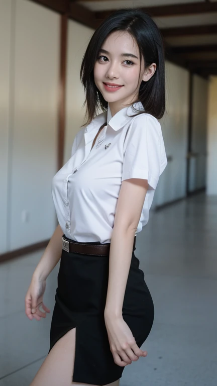 Standing and smiling , stand , (8k, best quality, masterpiece, ultra highres:1.2) Photo of Pretty thai woman beautiful, beautiful enchanting fashion contemporary painting with , (1girl), (white shirt short sleeves), ((black pencil skirt)), belt , short hair , realistic skin texture , round chin, 85 mm art lens, f 1. 2, sharp focus, 8 k high definition, insanely detailed, intricate, elegant, large breasts, big breasts , black skirt