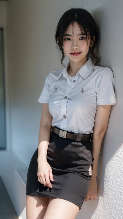 Standing and smiling , stand , (8k, best quality, masterpiece, ultra highres:1.2) Photo of Pretty thai woman beautiful, beautiful enchanting fashion contemporary painting with , (1girl), (white shirt short sleeves), ((black pencil skirt)), belt , short hair , realistic skin texture , round chin, 85 mm art lens, f 1. 2, sharp focus, 8 k high definition, insanely detailed, intricate, elegant, large breasts, big breasts , black skirt