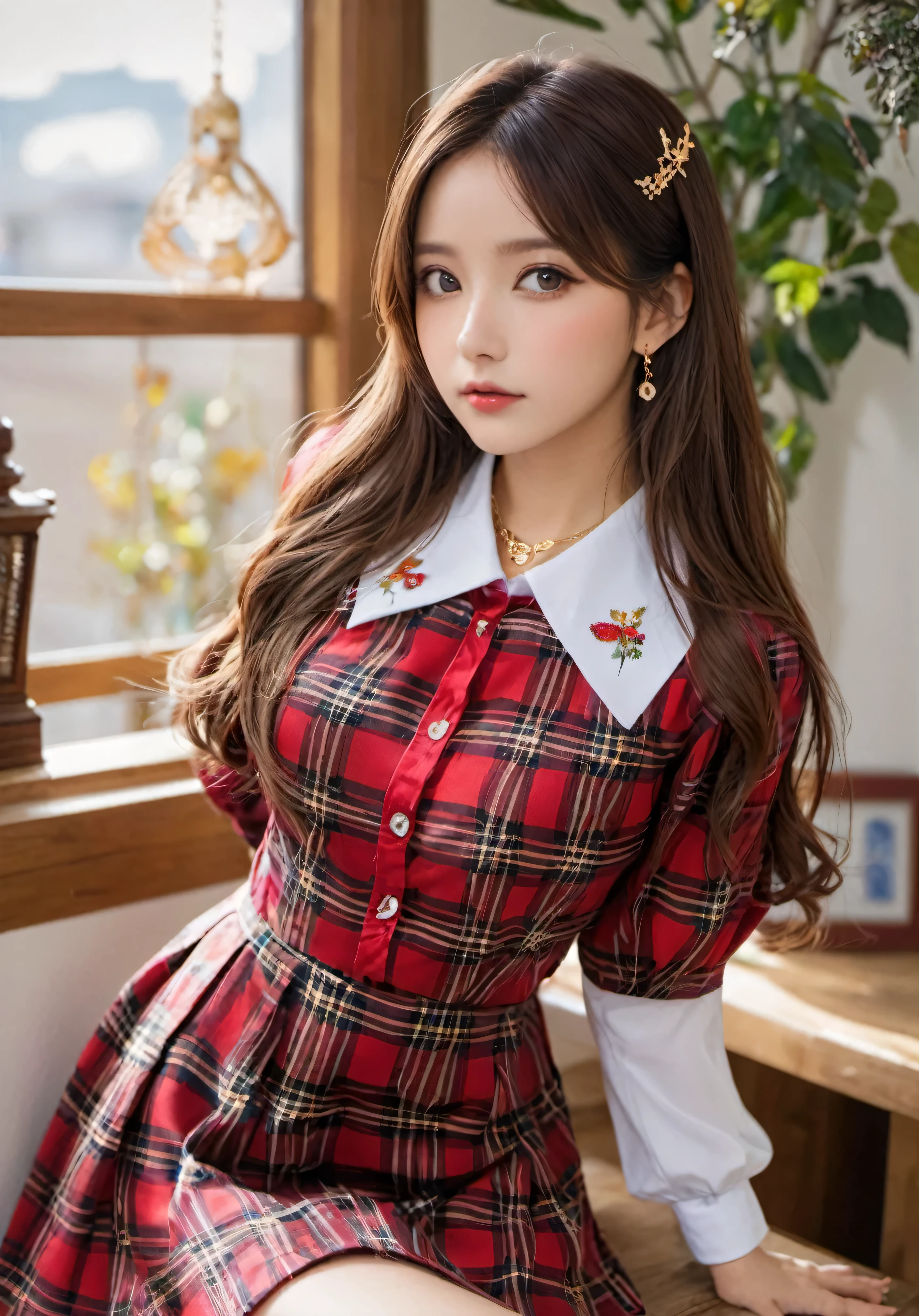 photograph、confusion、High resolution、Super detailed、Maid Girl、:d、((Hair with loose waves inward:1.2))、((Gold necklace_Larger Earrings:1.2))、((Super long brown hair:1.2)),((Shirt with collar,puffy sleeves,Red tartan check miniskirt:1.3)),