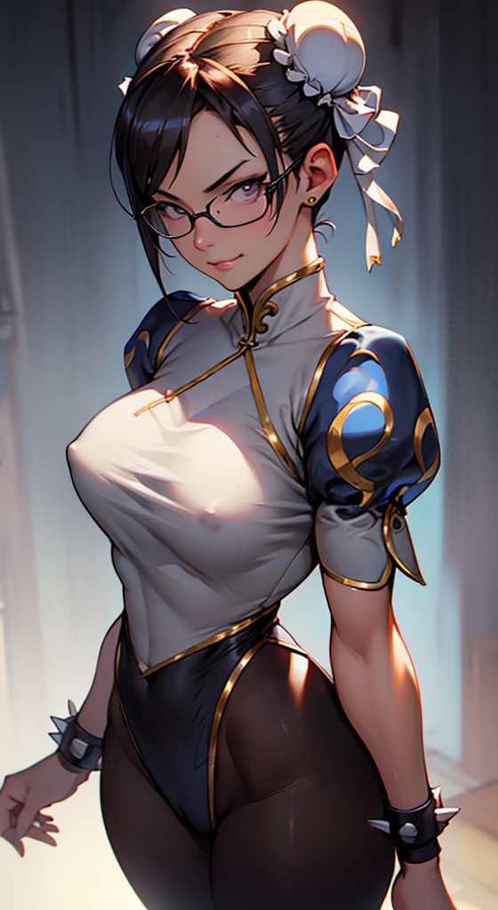 solo, masterpiece, best quality, agrias, grey sweater, black leotard, standing, looking at viewer, short hair,oculos,evil smile, evil look, chun li,luvas preta,roupa azul,yandere rosto,low lighting,coxa sarada