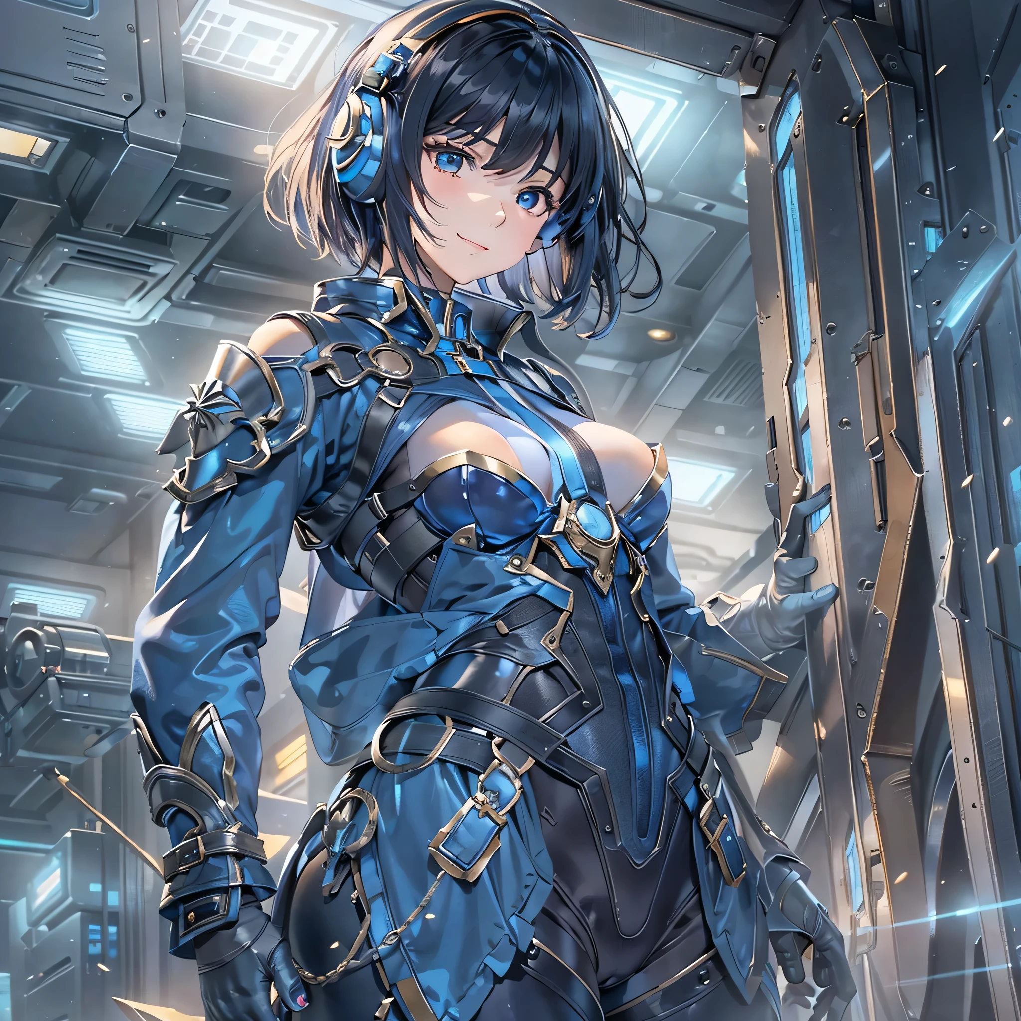 (masterpiece、highest quality、highest resolution、clear_image、detailed details、Angle from above): (full body figure、One 20 year old girl、Japanese faces、small face、Slender、Navy blue super short bob cut hair、(hidden small breasts:1.3)、sparkling blue eyes、Shiny pilot suit in blue and black colors、armor that protects the chest、tight fitting clothes、clothes that cover the whole body、shiny clothes、tight fit pants、hide the skin、very delicate and beautiful、detailed skin、hide thighs、hide your butt、cute type、gentle smile、soft expression、heroine、headset、Knee-high boots、gloves up to the elbow、eye level shot、facing directly、woman on a spaceship)
