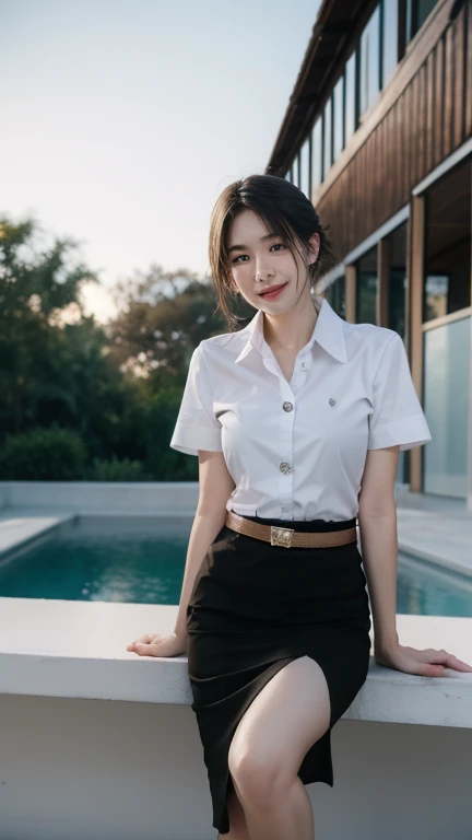 Standing and smiling , stand , (8k, best quality, masterpiece, ultra highres:1.2) Photo of Pretty thai woman beautiful, beautiful enchanting fashion contemporary painting with , (1girl), (white shirt short sleeves), ((black pencil skirt)), belt , short hair , realistic skin texture , round chin, 85 mm art lens, f 1. 2, sharp focus, 8 k high definition, insanely detailed, intricate, elegant, large breasts, big breasts , black skirt
