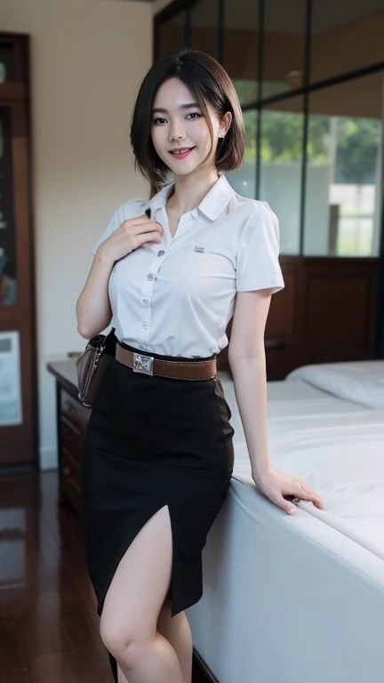 Secretary woman, best quality, ultra hd 8k, mesa, 22 old, beautiful woman、pretty face、perfect hands, great eyes, beautiful hair, black hair, Mulher de mente forte、(social shirt, black color shirt)、(shirt with 2 open buttons and small breast neckline), (medium size breasts), (Hands on shirt, hands buttoning the shirt and she's looking at your bra ), cabelos castanhos、(Olhos castanhos)、hair tied up in bun, Olhos subdimensionados、Corpo inteiro, (social skirt wine color), skirt little slit 0.3, (lace panties, panties in yellow color, legs gently open to viewer), smiling, sem meia, sapato preto, rectangular glasses, sitting facing the viewer on the table, sit front to viewer, leg gently spread 0.1 and showing part of her panties, she look down, she look to bra,
