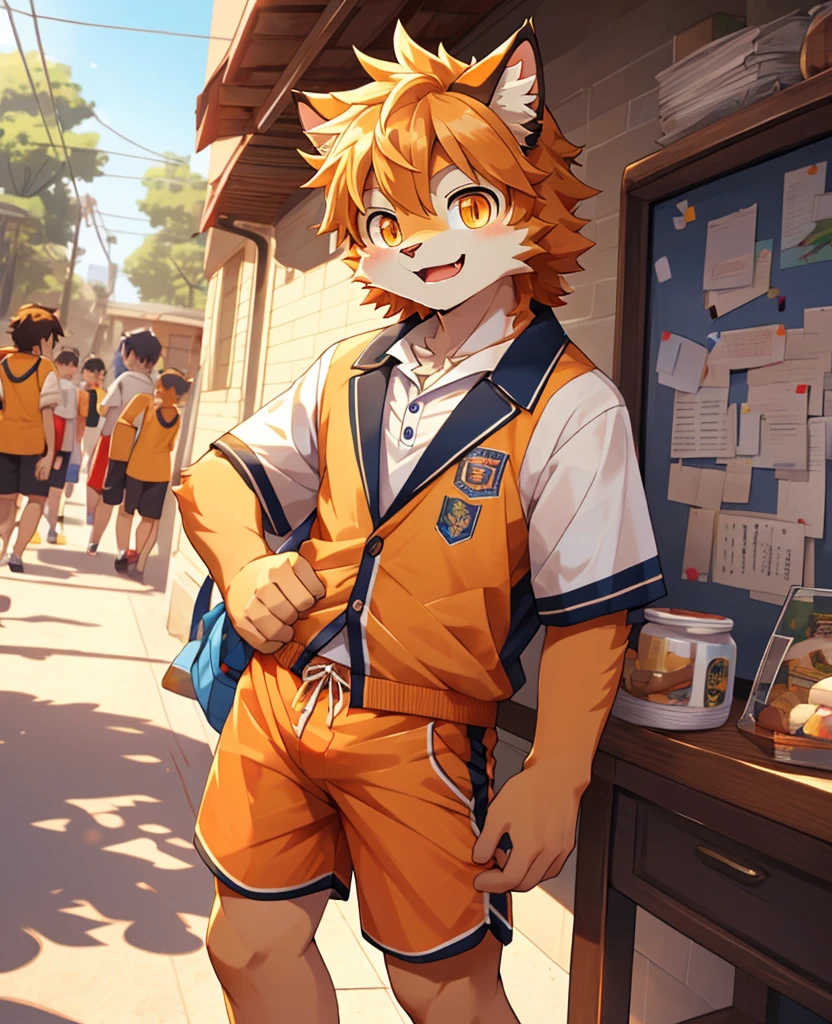 (masterpiece)，(Very detailed)，(best quality)，hairy，Cat，orange fur，Vivid eyes，golden pupils，cute style，Sunny and cheerful，(Short-sleeved shorts casual suit)，((funny expression))，8K，(high quality)，(ultra high definition)，(super detailed)(High **************)(Shota)