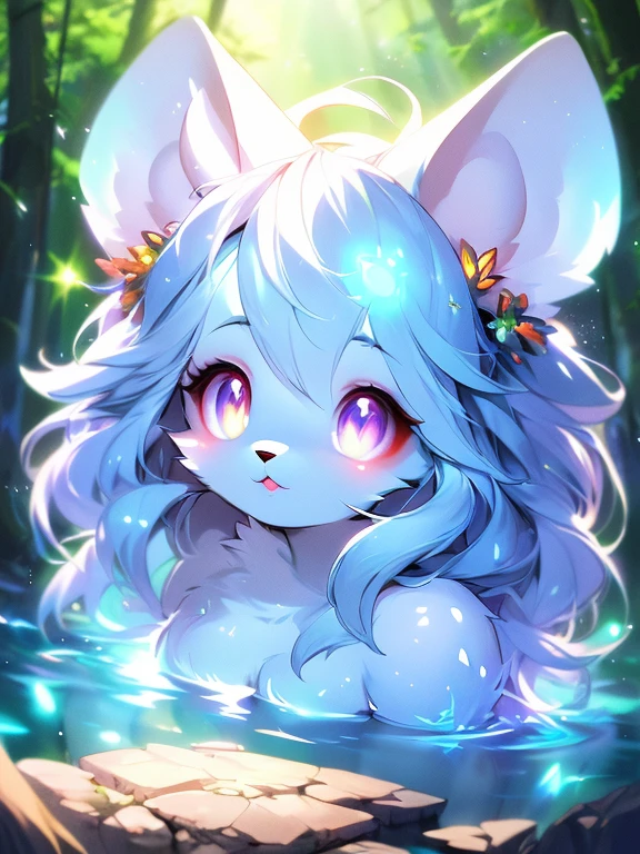 Cute Furry female Mouse girl, translucent that is glowing, bioluminiscent vibrant colors, sparkling eyes, ember in eyes, shining eyes, highly detailed, digital painting, artstation, concept art, smooth, beautiful skin, expressive eyes,concept art,fantasy lake backround