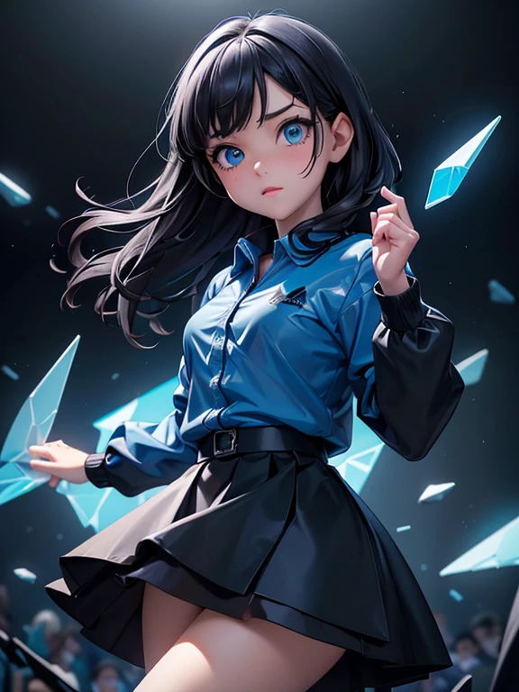 (best quality, masterpiece),(1 girl, windbreaker,Expressive face, blue eyes, looking at the audience, black hair, Keep your mouth shut, formal shirt, black skirt, Reach out to the audience), (Reduce blue light, There are many blue glass shards hovering behind you., floating objects, night sky)