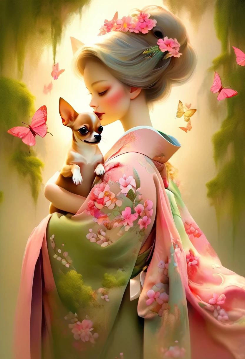 A beautiful woman in a kimono decorated with moss pink flowers stands like a beautiful model。、holding a small chihuahua in his arms,,whole body,Butterflies dance,Moss Phlox flowers with a valley in the background, background number 28,beautiful digital illustrations, Beautiful artwork illustration, amazing digital illustrations, beautiful digital artwork, Works that influenced Anna Dittmann, amazing digital art, exquisite digital illustration, In the style of Anna Dittmann, beautiful digital art, beautiful amazing digital art, very beautiful digital art, beautiful fantasy art