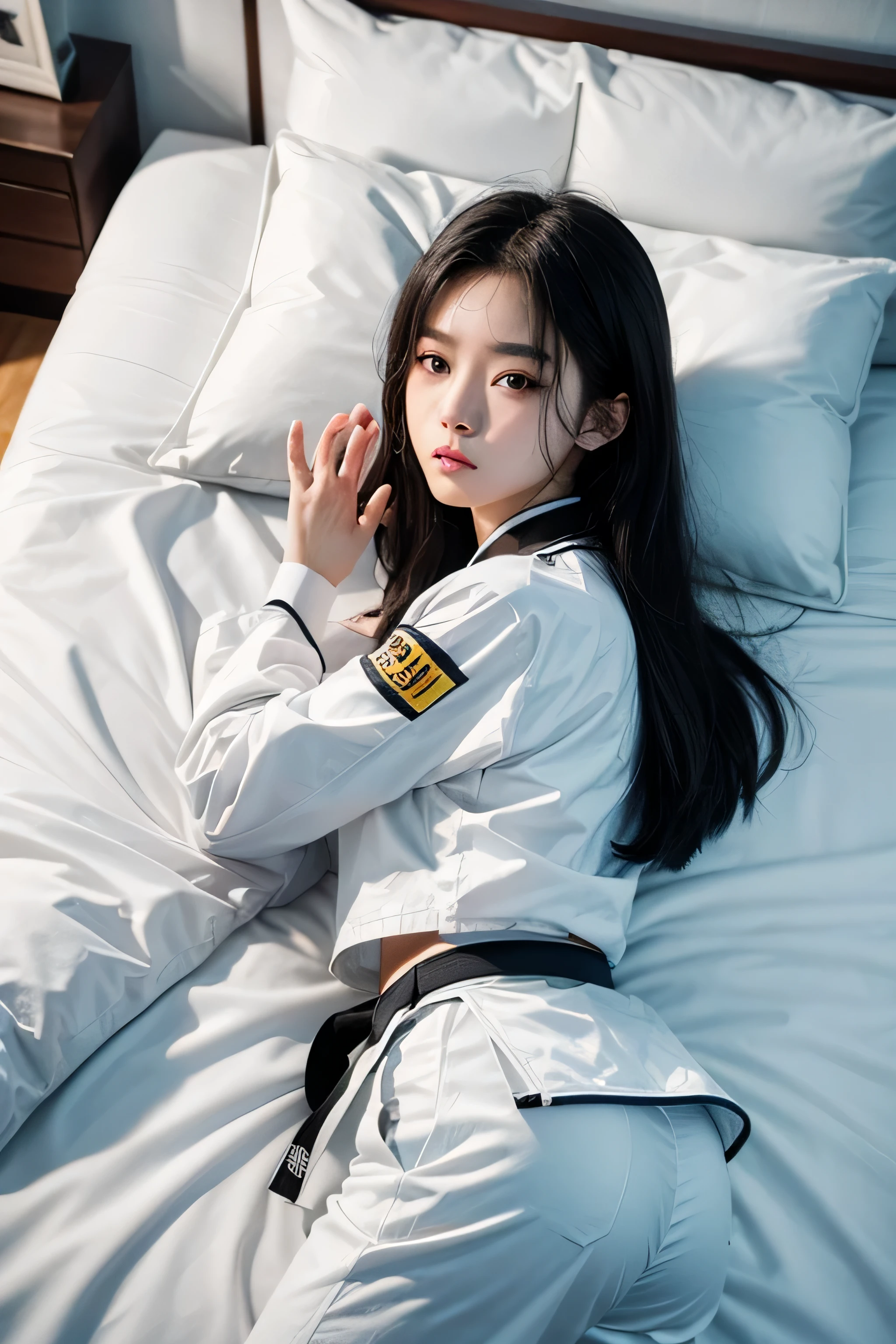 masterpiece, ultra details, best quality, 1 korean taekwondo girl, masterpiece, ultra details, best quality, black long straight hair, wearing white World Taekwondo Federation dobok with black collar v-neck, wearing taekwondo blackbelt, wearing white martial arts pants without pockets, laying on hotel bed showing butt, sweating, embarrassed face