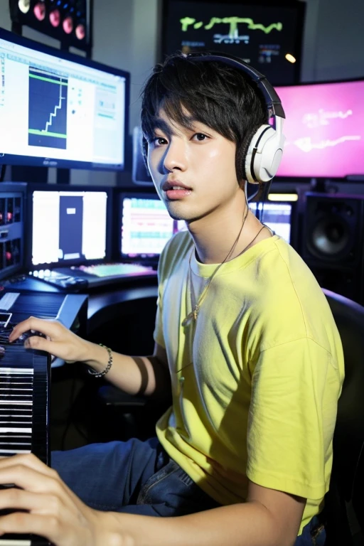 A Korean music producer,homem,bonito,de 26 anos, em um estudio de musica escrevendo uma musica 