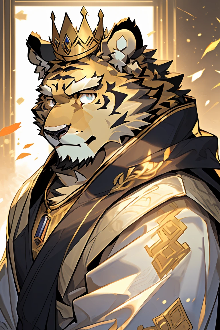 (一只Wearing a golden robe的金白毛老虎坐在宝座上),golden tiger robe, God-Emperor of Mankind, Popular topics on artstation pixiv,(Wearing a golden robe),king&#39;portrait,16K,High quality detail art,《Genshin》Morax,((disney style)),((cartoon)),Publaz,(golden white tiger:1.1),(((white and gold fur:1.2))),((various shades)), (The two eyes are not the same color，students of different colors，One is golden，The other one is blue:1.5),(muscular body:1.1),perfect eyes,Handsome,(OK),palace background,(The emperor wears&#39;crown:1.2),(非常Detailed face:1.5),(HD),(perfect masterpiece),(close up:1.3),.(different students),(Detailed face:1.6)