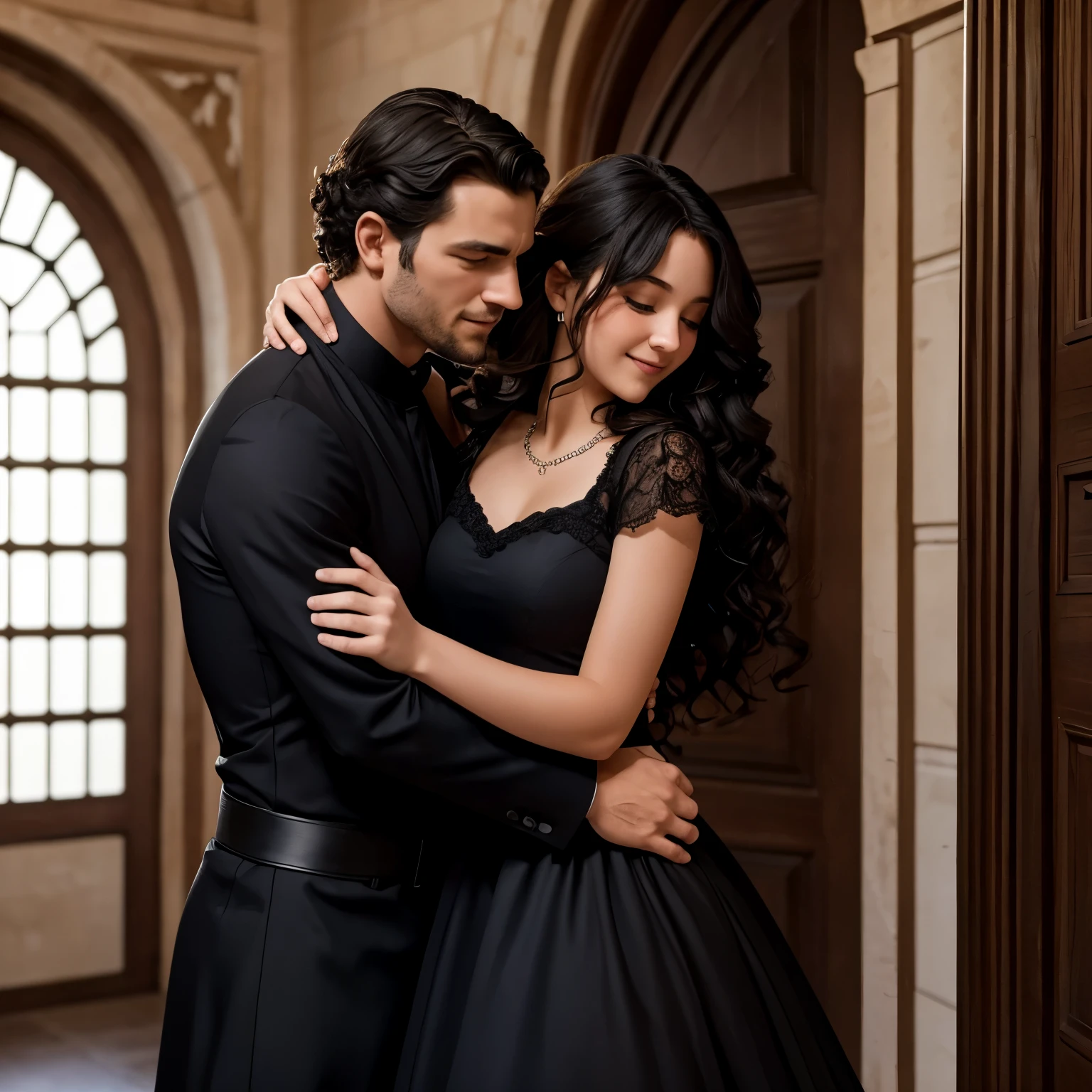 A man in black clothes hugs a curly girl in a delicate dress in a castle