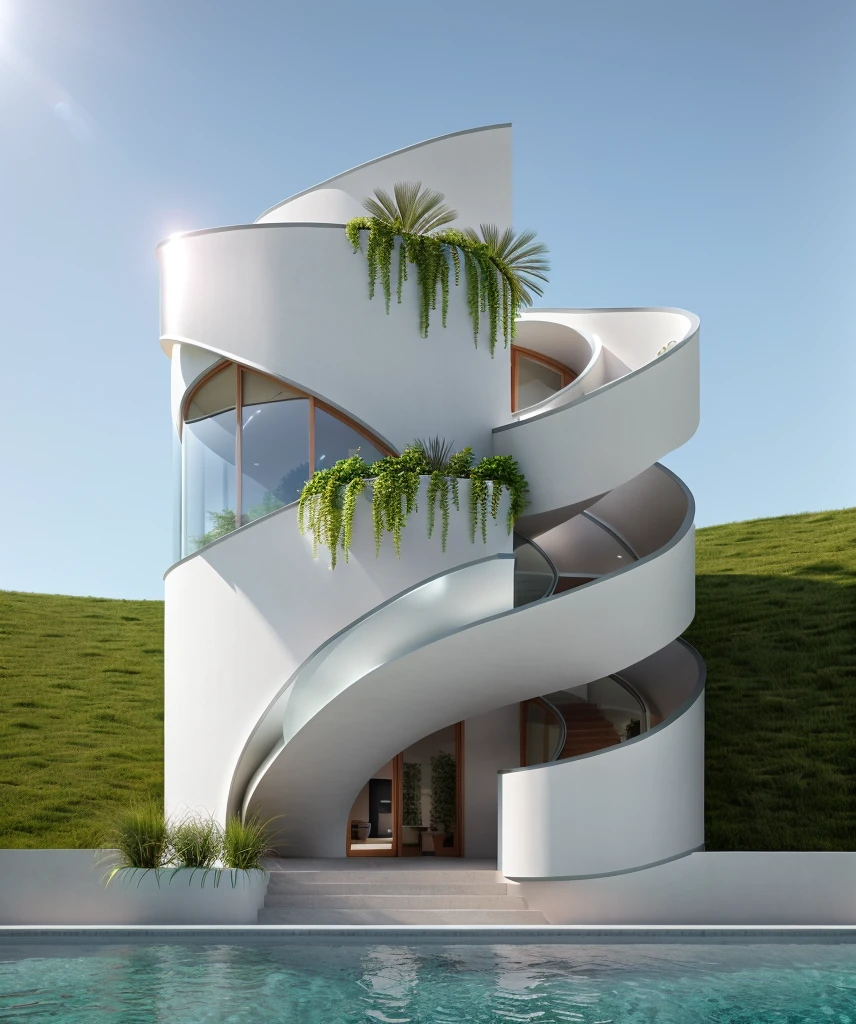 exterior house, pink color, glass, plant, curve house, curve wall, spiral staire, plant around the building, ((realistic photo)), RAW photo, natural light, sky, corona render, sharper photo, details texture, details plant, (masterpiece, top quality, best quality, official art, beautiful and aesthetic:1.2),(8k, best quality, masterpiece:1.2),CGgameC4D bsw, no humans, C4D, the garden in front of the building