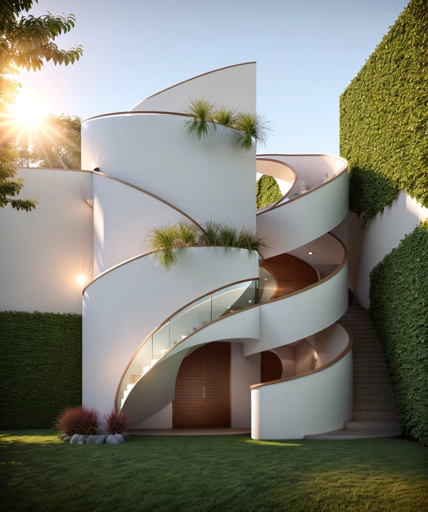 exterior house, pink color, glass, plant, curve house, curve wall, spiral staire, plant around the building, ((realistic photo)), RAW photo, sunlight, day light, sky, corona render, sharper photo, details texture, details plant, (masterpiece, top quality, best quality, official art, beautiful and aesthetic:1.2),(8k, best quality, masterpiece:1.2),CGgameC4D bsw, no humans, C4D, garden in front of the building