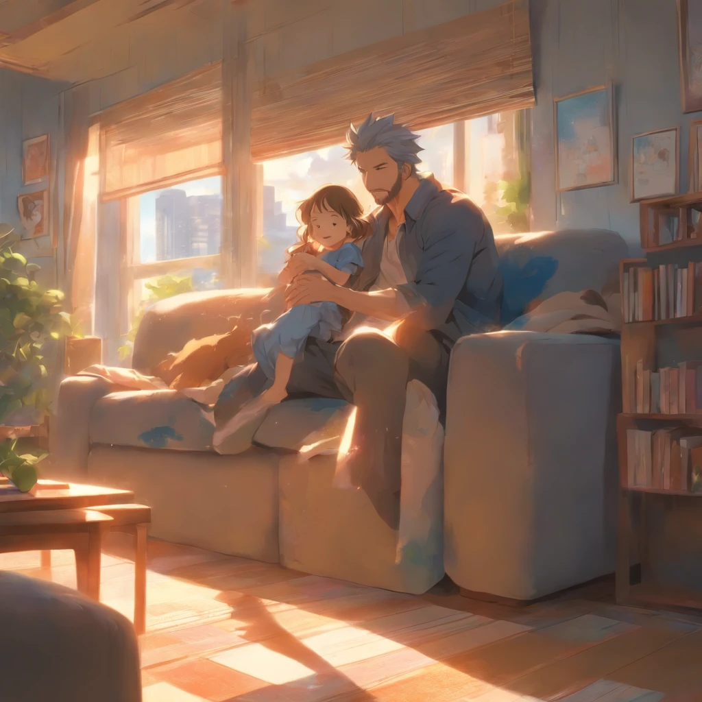 Gray sofa, blue wall, white windows. On a sunny afternoon, a father lies on the sofa and a 5-year-old daughter jumps on her father's back.