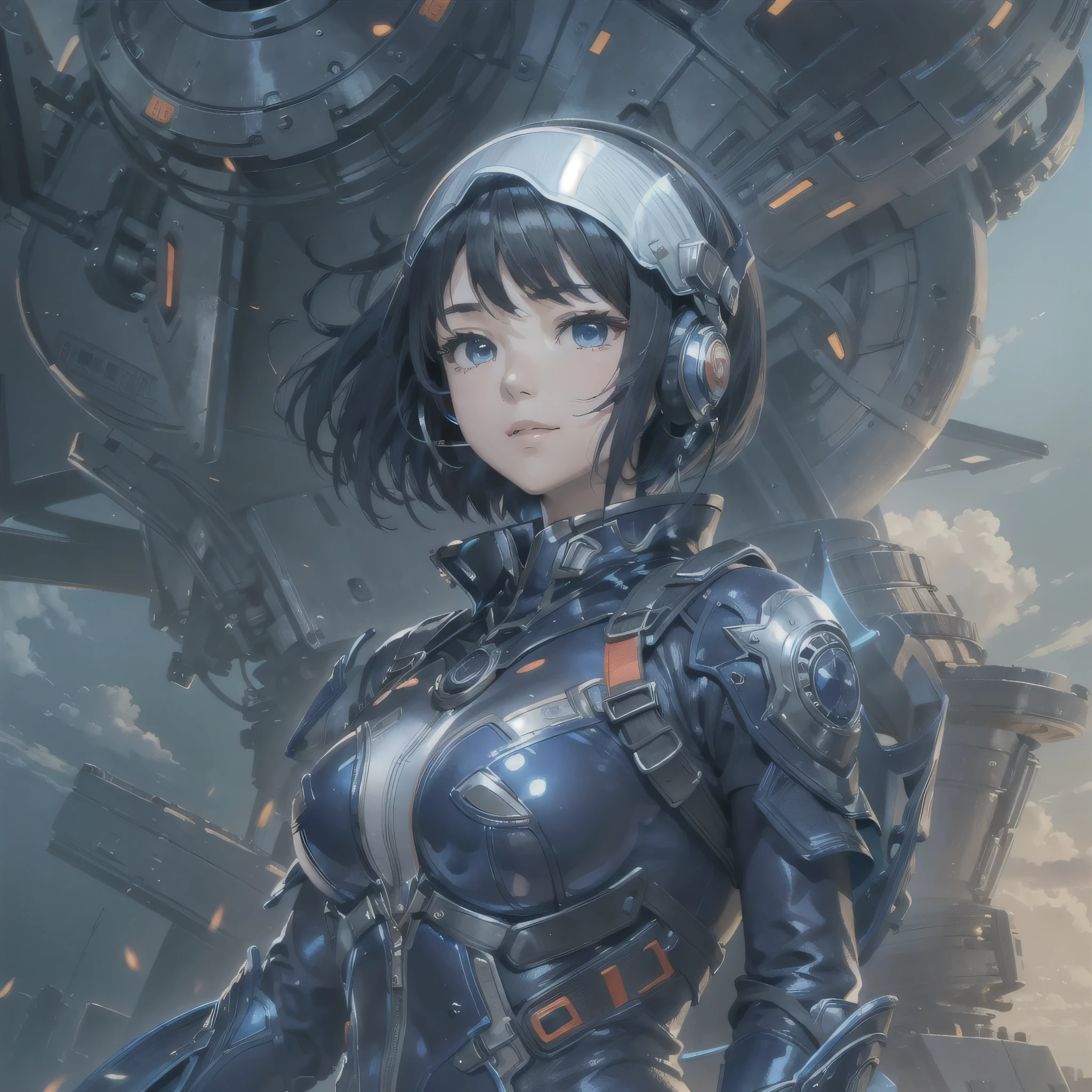 (masterpiece、highest quality、highest resolution、clear_image、detailed details、Angle from above): (full body figure、One 20 year old girl、Japanese faces、small face、Slender、Navy blue super short bob cut hair、(hidden small breasts:1.3)、sparkling blue eyes、Shiny pilot suit in blue and black colors、armor that protects the chest、tight fitting clothes、clothes that cover the whole body、shiny clothes、tight fit pants、hide the skin、very delicate and beautiful、detailed skin、hide thighs、hide your butt、cute type、gentle smile、soft expression、heroine、headset、Knee-high boots、gloves up to the elbow、eye level shot、facing directly、woman on a spaceship)