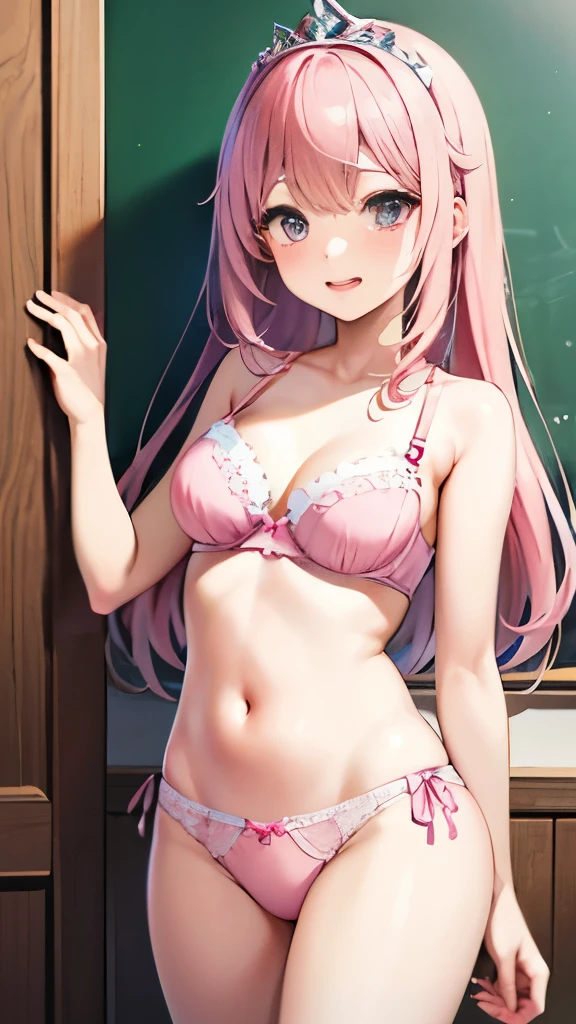 highest quality、very delicate and beautiful、I、I、8--old alian、、Chiquita、primary bra、pink panties))、(High leg)dress room、、Tiara on the head、laughter、standing、facing the front