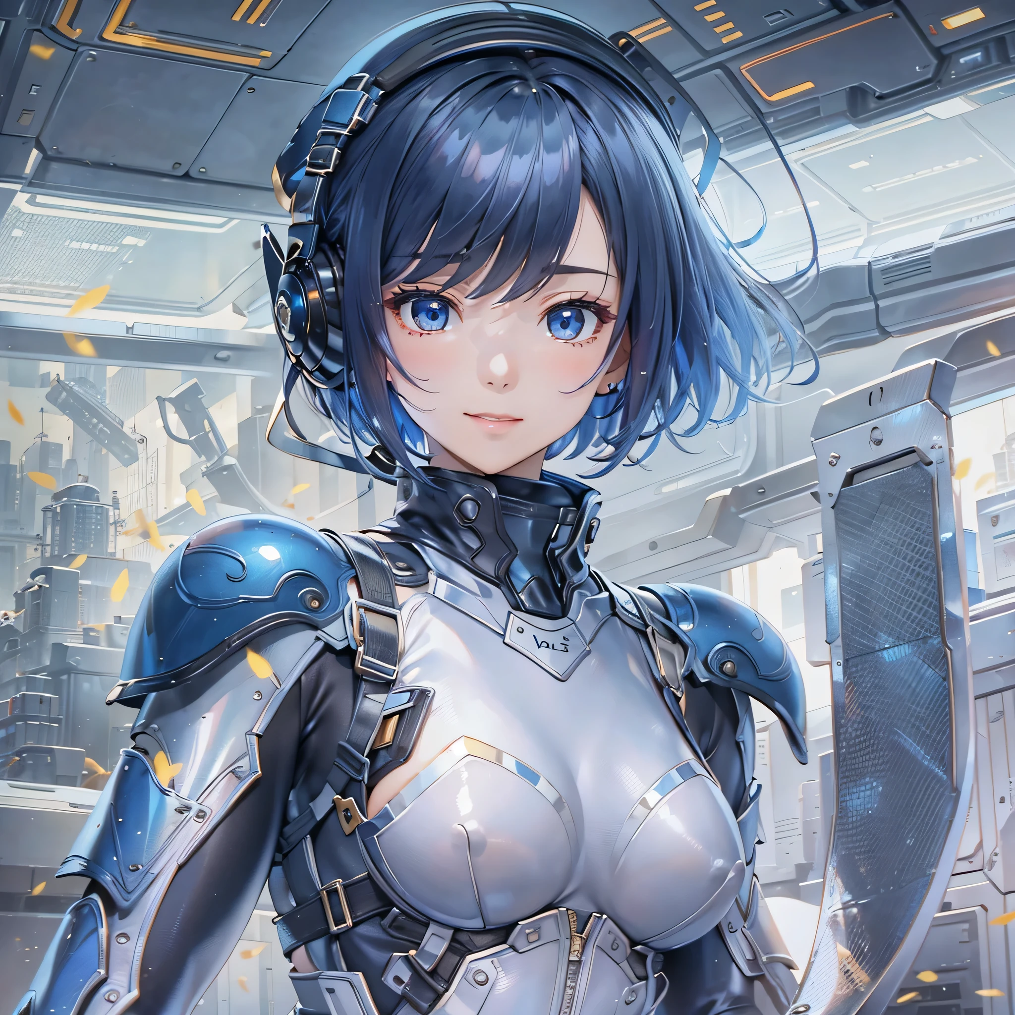 (masterpiece、highest quality、highest resolution、clear_image、detailed details、Angle from above): (full body figure、One 20 year old girl、Japanese faces、small face、Slender、Navy blue super short bob cut hair、(hidden small breasts:1.3)、sparkling blue eyes、Shiny pilot suit in blue and black colors、armor that protects the chest、tight fitting clothes、clothes that cover the whole body、shiny clothes、tight fit pants、hide the skin、very delicate and beautiful、detailed skin、hide thighs、hide your butt、cute type、gentle smile、soft expression、heroine、headset、Knee-high boots、gloves up to the elbow、eye level shot、facing directly、woman on a spaceship)