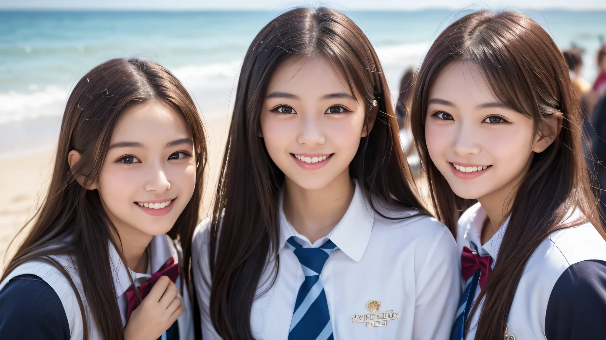 (1girl), (big smile), beautiful face, Amazing face and eyes, delicate, (Best Quality:1.4), (Ultra-detailed), (extremely detailed beautiful face), (princess hair cut style), cute smile, brown eyes, (highly detailed Beautiful face), (summer high school uniform:1.2), (extremely detailed CG unified 8k wallpaper), Highly detailed, High-definition raw color photos, Professional Photography, Realistic portrait, evening, Extremely high resolution, smiling, modern, trendy, fashionable, Group photo of high school girls, face close-up, (beach)