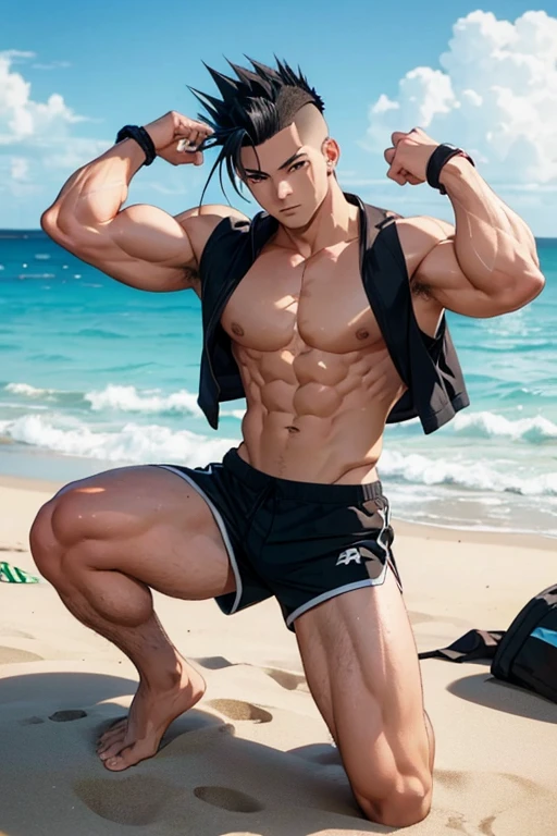 25 years old male bodybuilder anime character wearing barefoot, sports shorts and no shirt on the beach with a mohawk hairstyle flexing his muscles