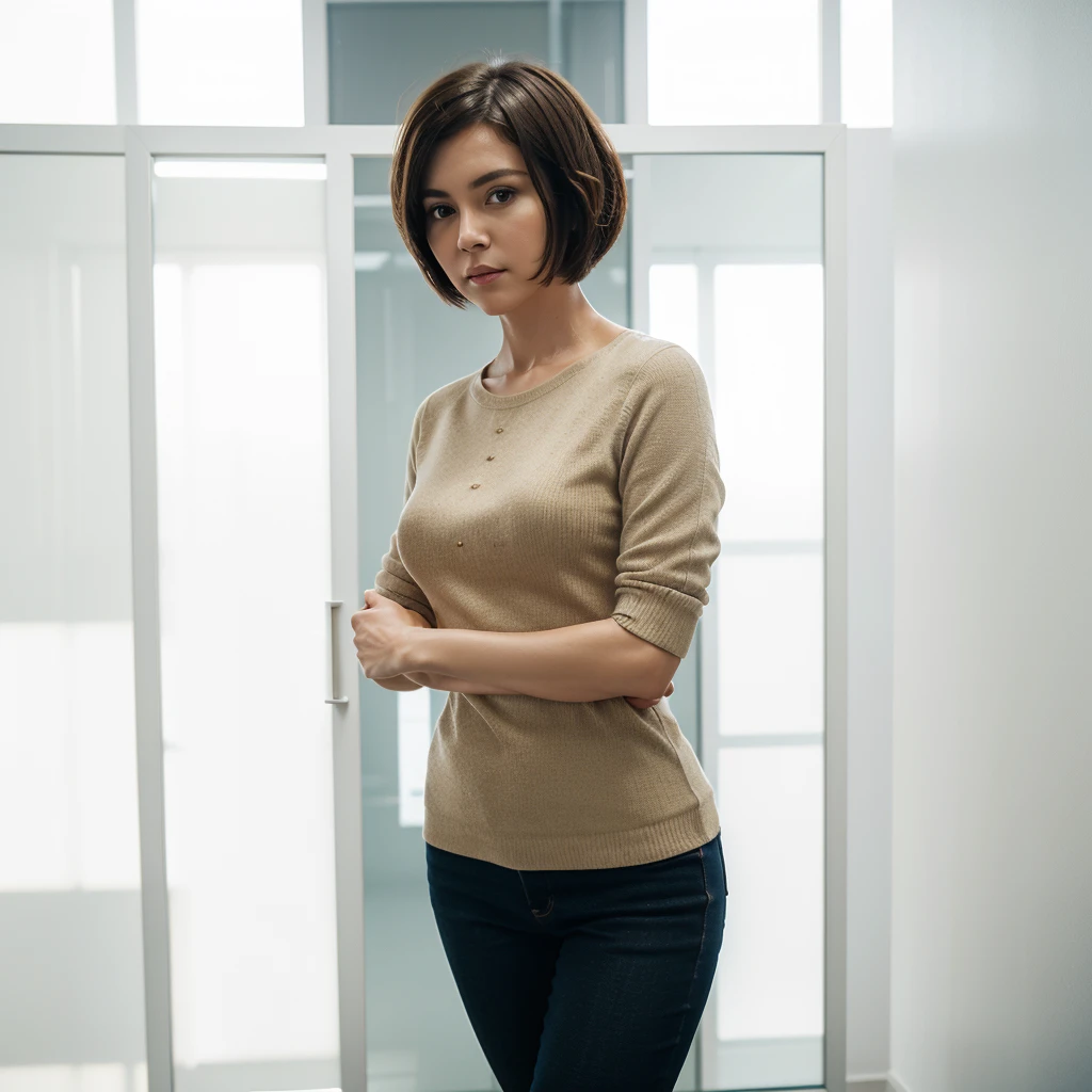 (full body), (standing), a 40 year old woman looking into the camera, short bob cut hair, detailed beautiful face, action shot, empty office background, daytime, photo realistic, CG, art station, masterpiece, HD photography
