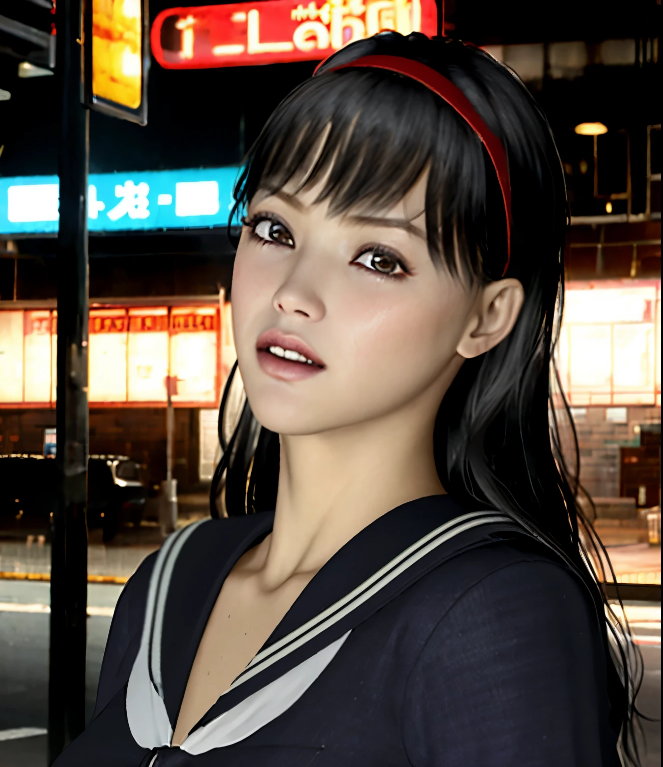 (8K, highest quality, masterpiece:1.2), (realistic, photo-realistic:1.37), Super detailed,highest quality, ultra high resolution, professional lighting, photon mapping, radio city, Physically based rendering, cinematic lighting, late night path,Depth of written boundary, sharp focus,sunbeam,1 girl,alone,(whole body), (closed mouth),fine and beautiful eyes, temporarily stop, tight waist,Japanese high school girl, black hair,messy hair,(crying face)、((I'It's sad、sweaty skin))、